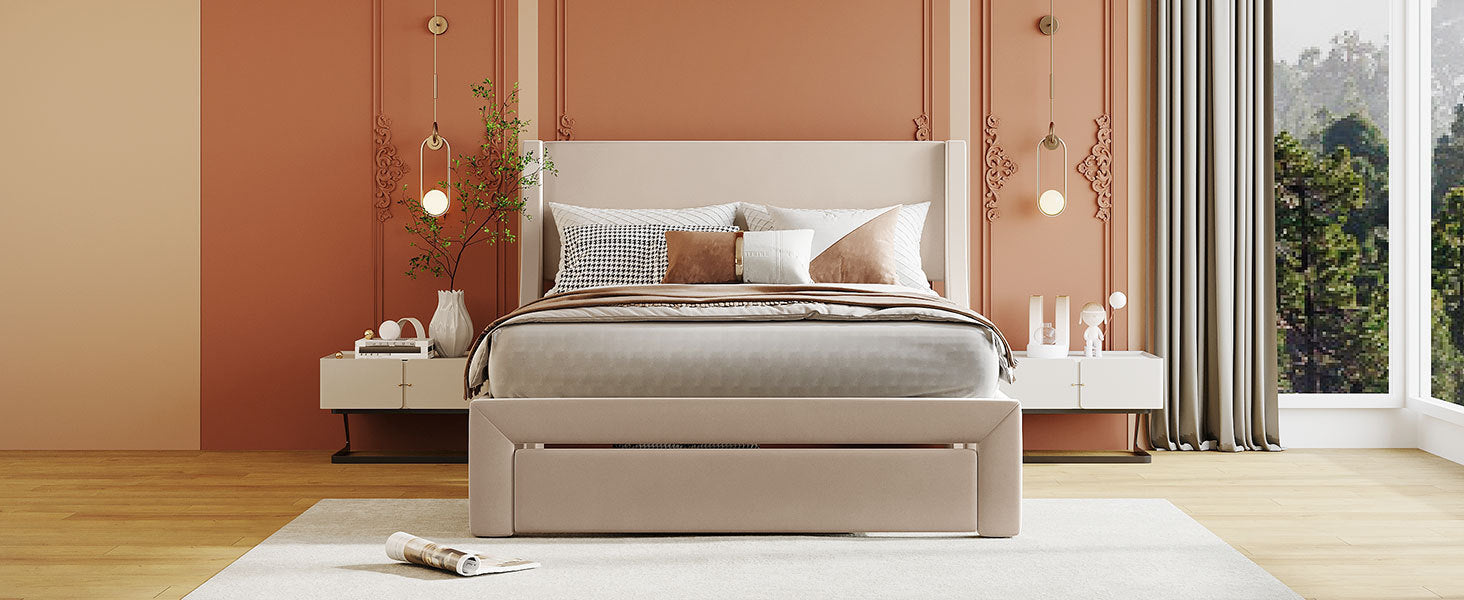 Full Size Storage Bed Velvet Upholstered Platform Bed with a Big Drawer - Beige