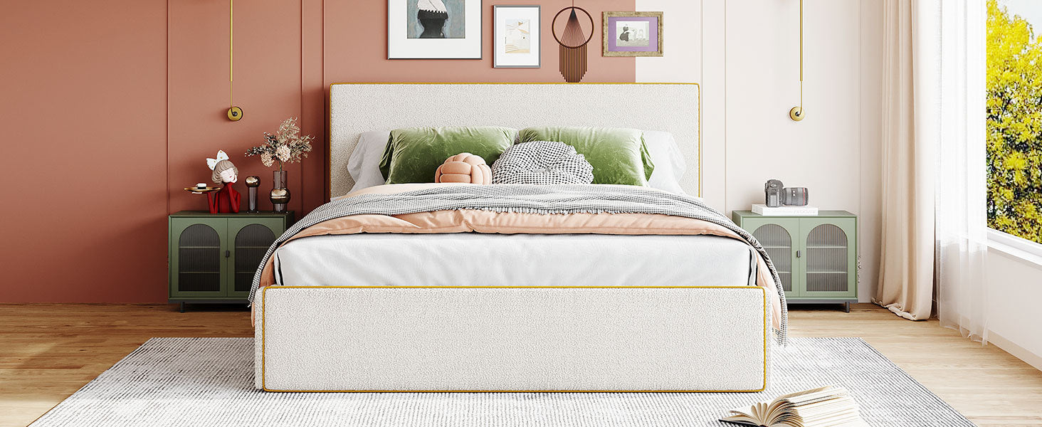 Queen Size Upholstered Platform Bed with 4 Drawers and Golden Edge on the Headboard & Footboard, White - Atlantic Fine Furniture Melbourne FL