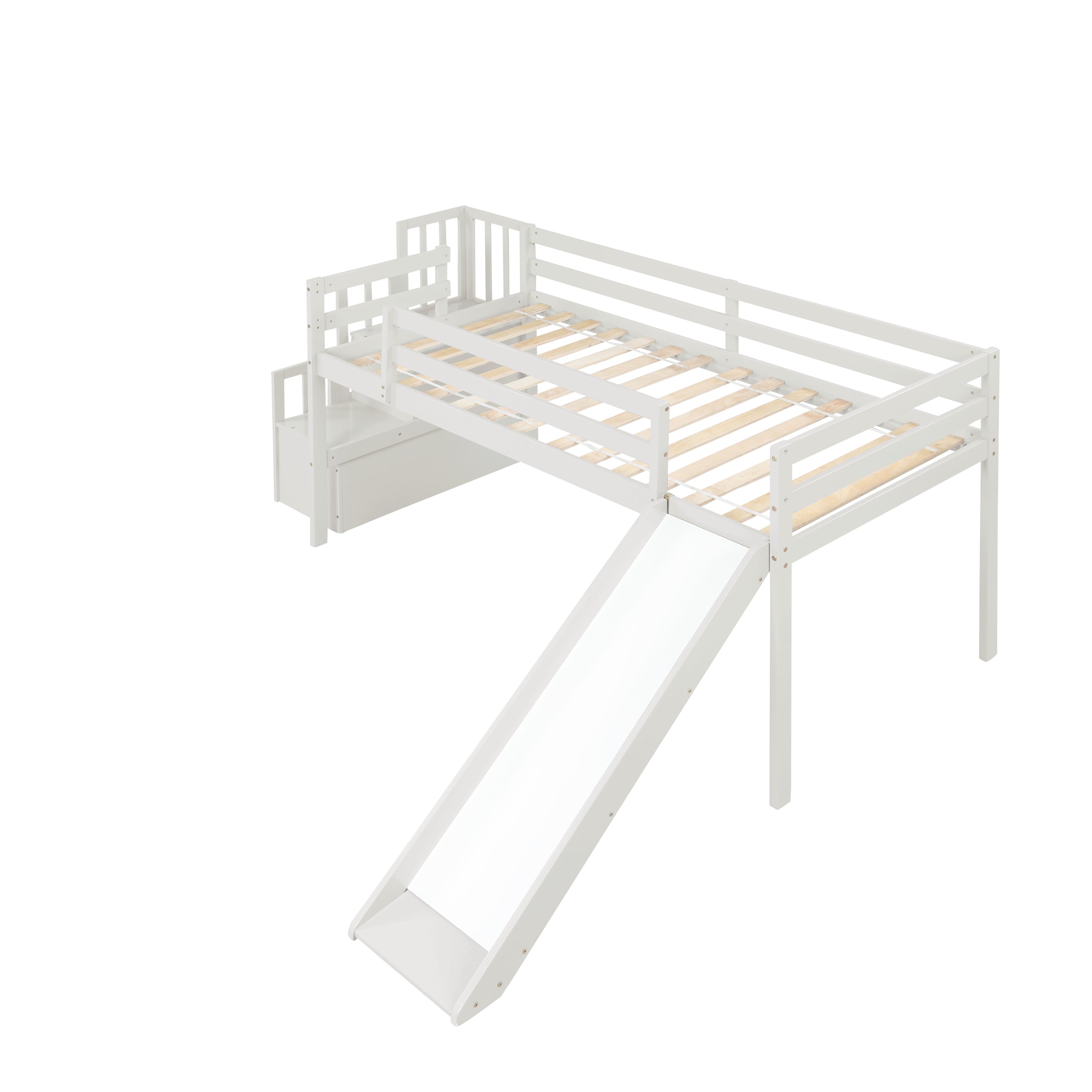 Loft Bed with Staircase, Storage, Slide, Twin size, Full-length Safety Guardrails, No Box Spring Needed, White (Old Sku:W504S00004)