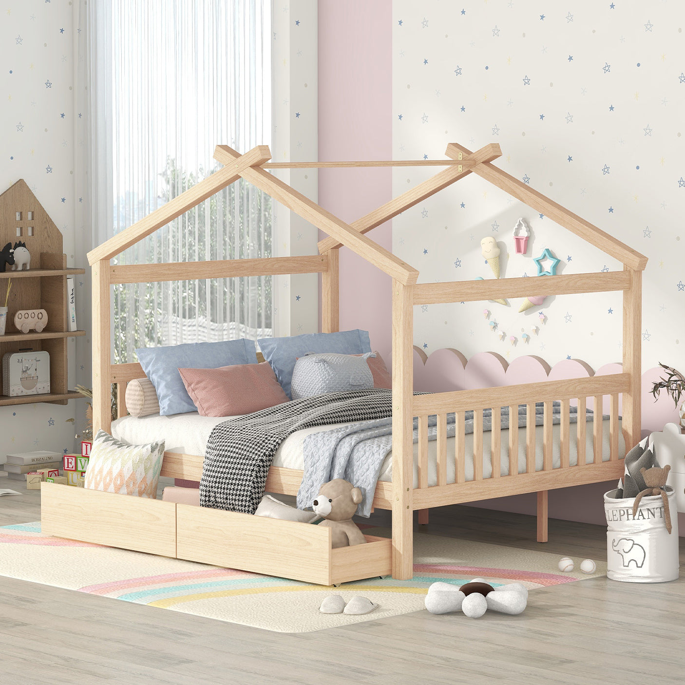 Full Size Wooden House Bed with Drawers, Natural - Atlantic Fine Furniture Melbourne FL