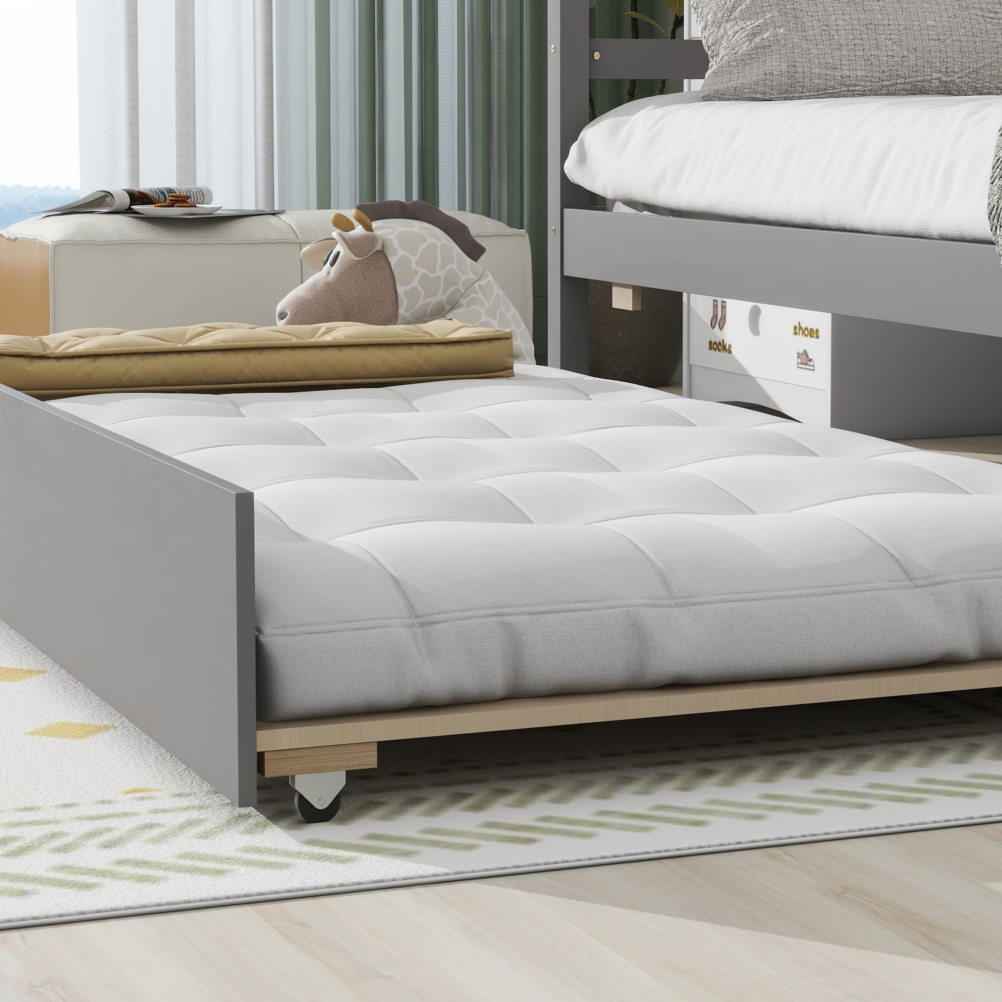 Twin House Wooden Daybed with trundle, Twin House-Shaped Headboard bed with Guardrails,Grey