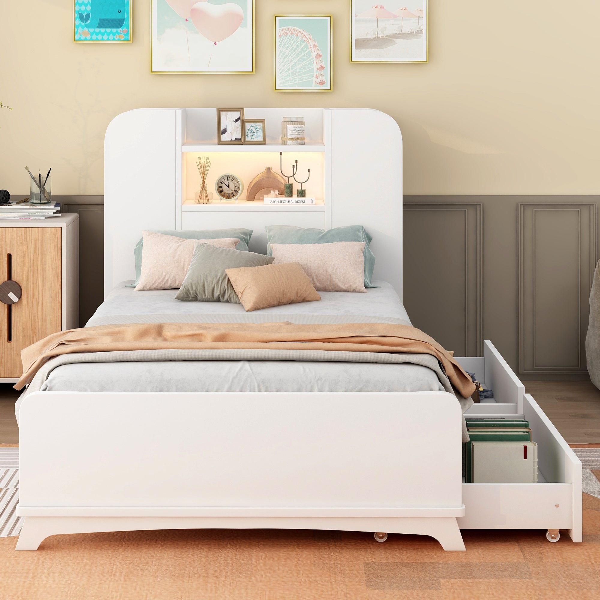 Twin Size Storage Platform Bed Frame with with Two Drawers and Light Strip Design in Headboard,White - Atlantic Fine Furniture Melbourne FL