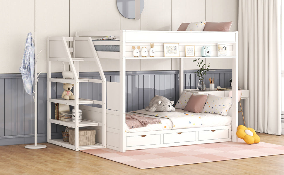 Wood Full Size Convertible Bunk Bed with Storage Staircase, Bedside Table, and 3 Drawers, White - Atlantic Fine Furniture Melbourne FL
