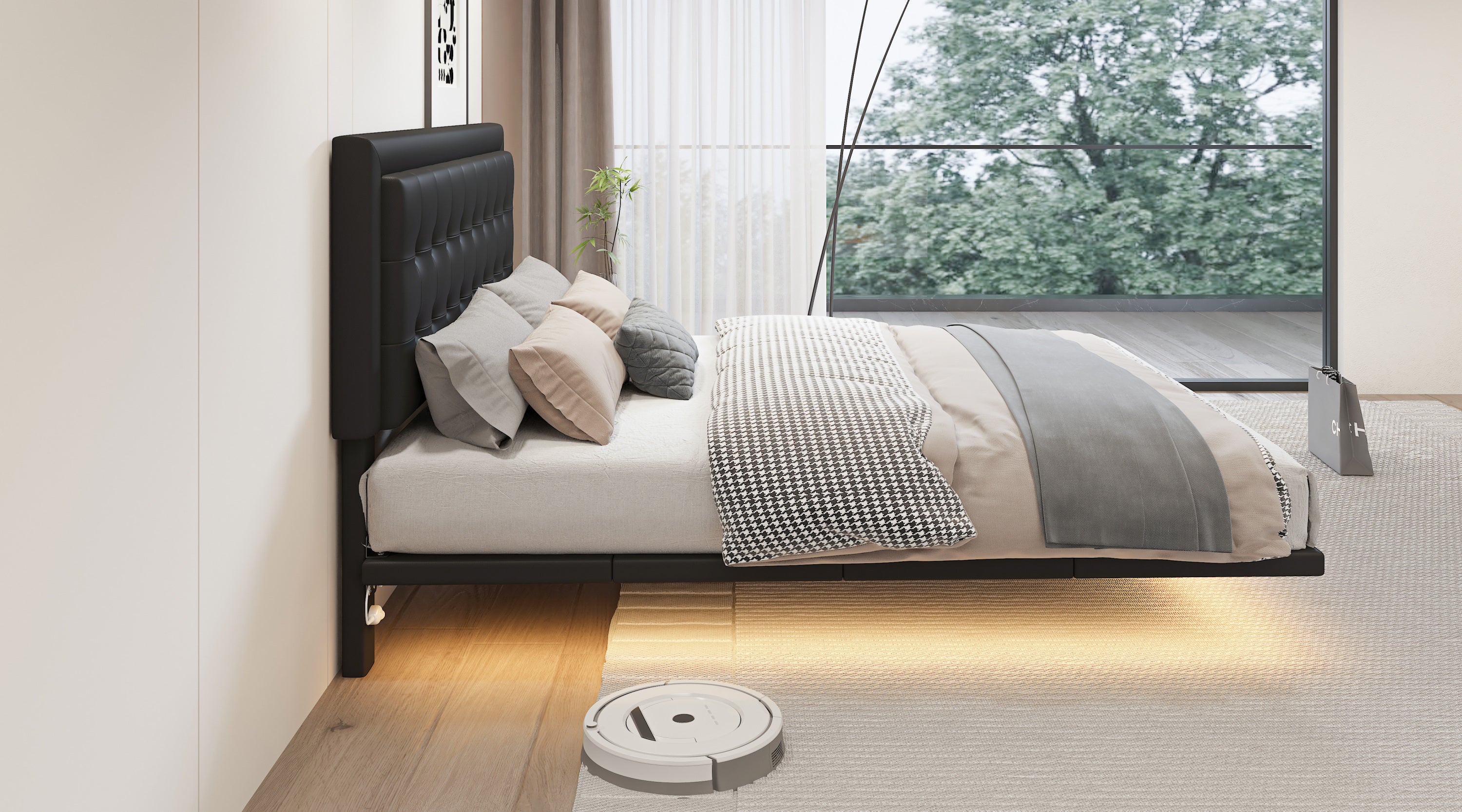 Queen Size Floating Bed Frame with Motion Activated Night Lights,Modern PU Upholstered Button Tufted Platform Bed Frame,Black - Atlantic Fine Furniture Melbourne FL