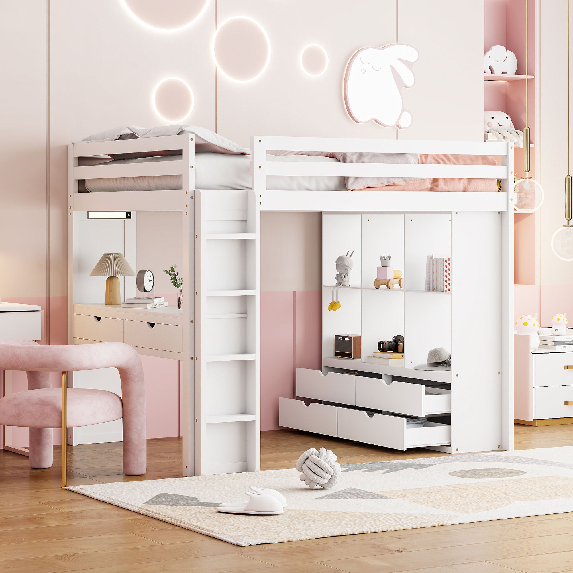 Full Size Loft Bed with large shelves, writing desk and LED Light, White - Atlantic Fine Furniture Melbourne FL