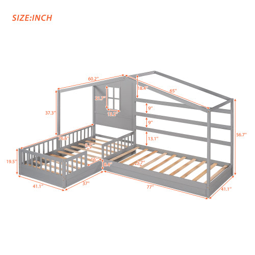 Wood House Bed Twin Size, 2 Twin Solid Bed L structure with fence and slatted frame, Gray - Atlantic Fine Furniture Melbourne FL