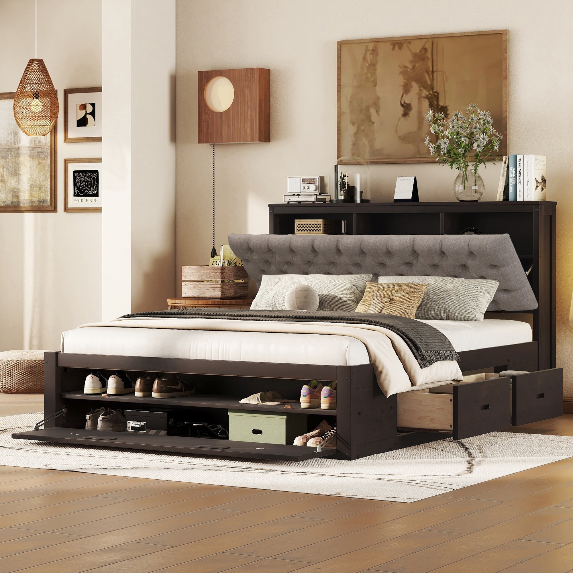 Wood Queen Size Platform Bed with Storage Headboard, shoe rack and 4 drawers,Espresso - Atlantic Fine Furniture Melbourne FL
