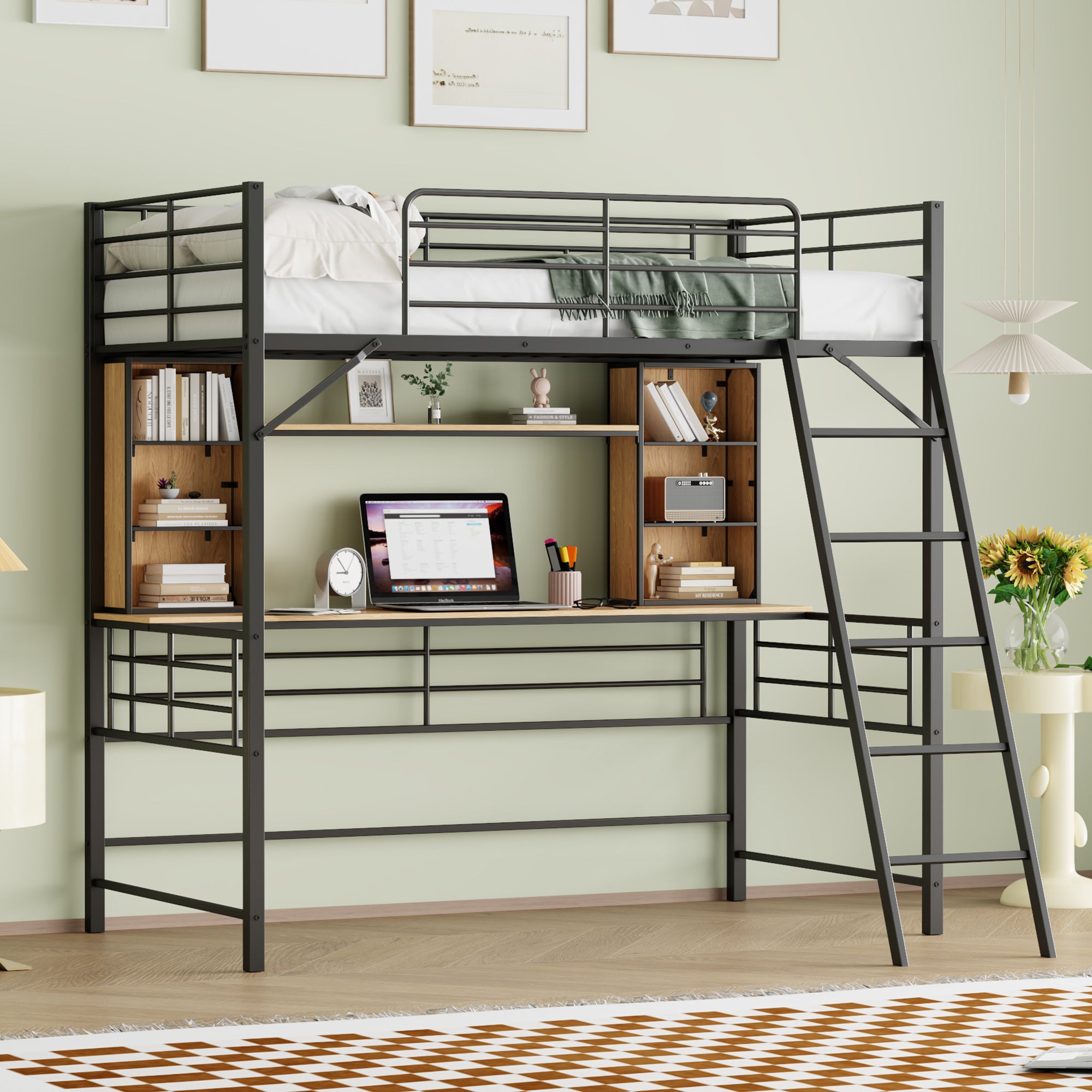 Twin Size Loft Bed with Desk and Shelf , Loft Bed with Ladder,Twin,Black - Atlantic Fine Furniture Melbourne FL