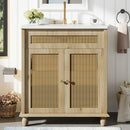 Bathroom Vanity With Handwoven Rattan Doors, Resin Basin - Natural Wood