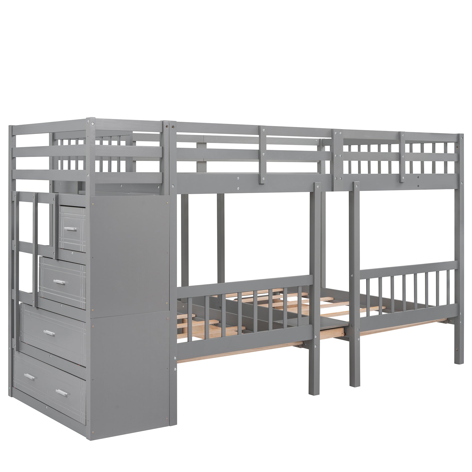 Full Over Twin & Twin Bunk Bed, Wood Triple Bunk Bed with Drawers and Guardrails (Gray) - Atlantic Fine Furniture Melbourne FL
