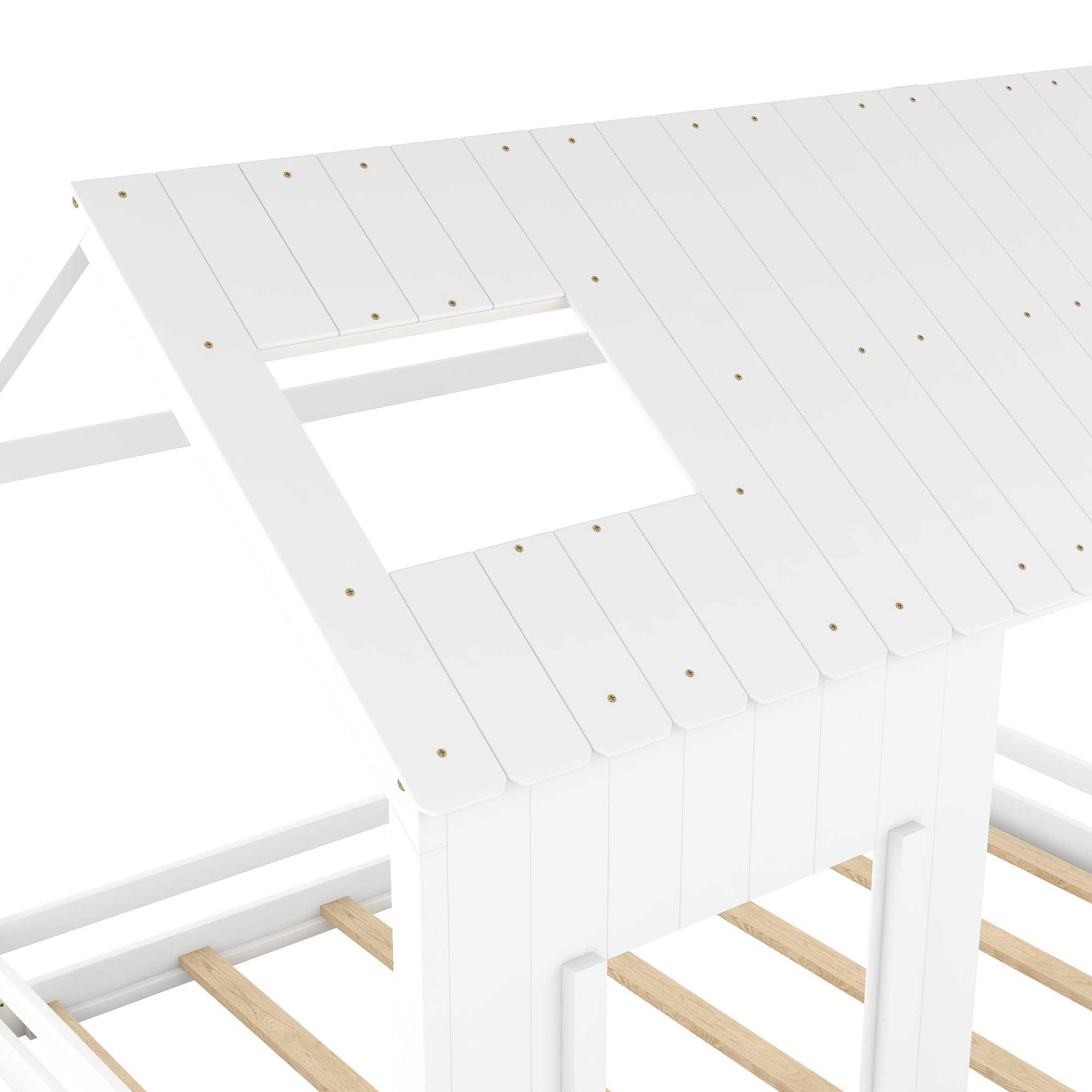 Full Size House Bed with Roof and Window - White