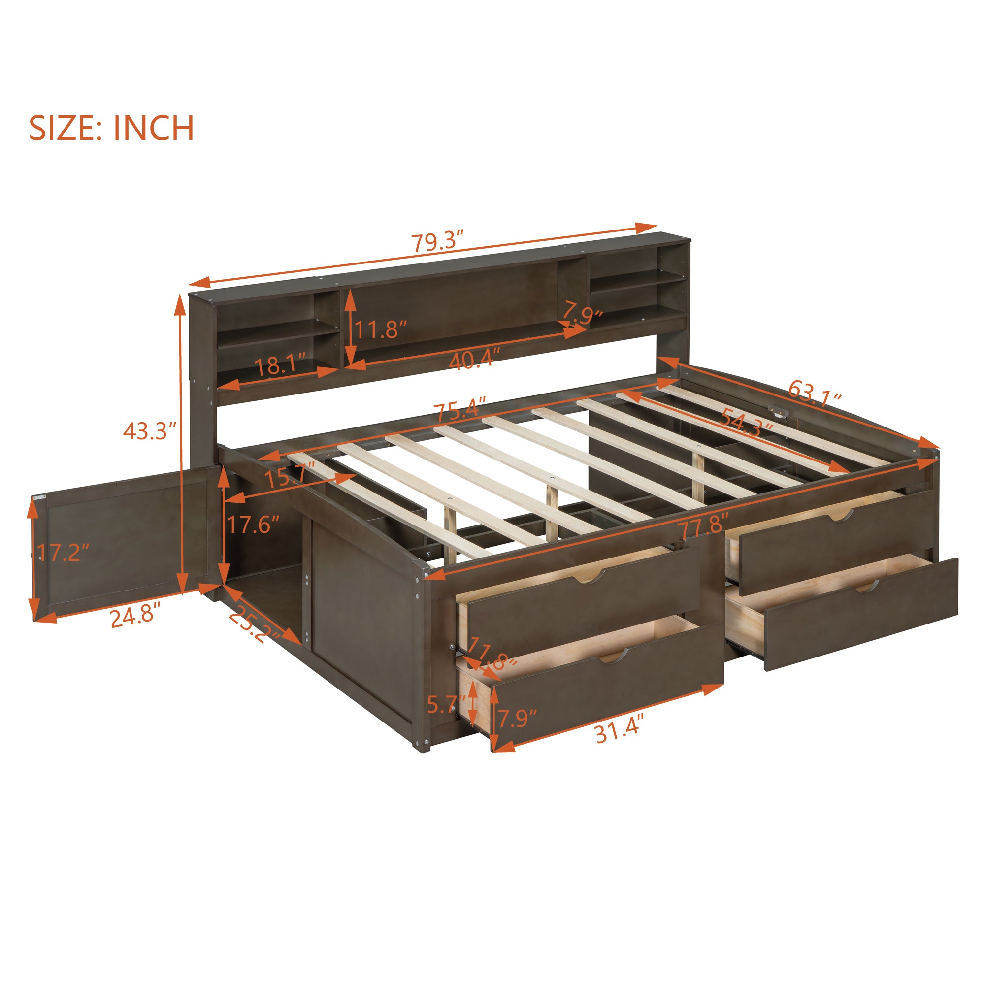 Full Size Wood Daybed with 2 Bedside Cabinets, Upper Shelves and 4 Drawers, Antique Brown - Atlantic Fine Furniture Melbourne FL