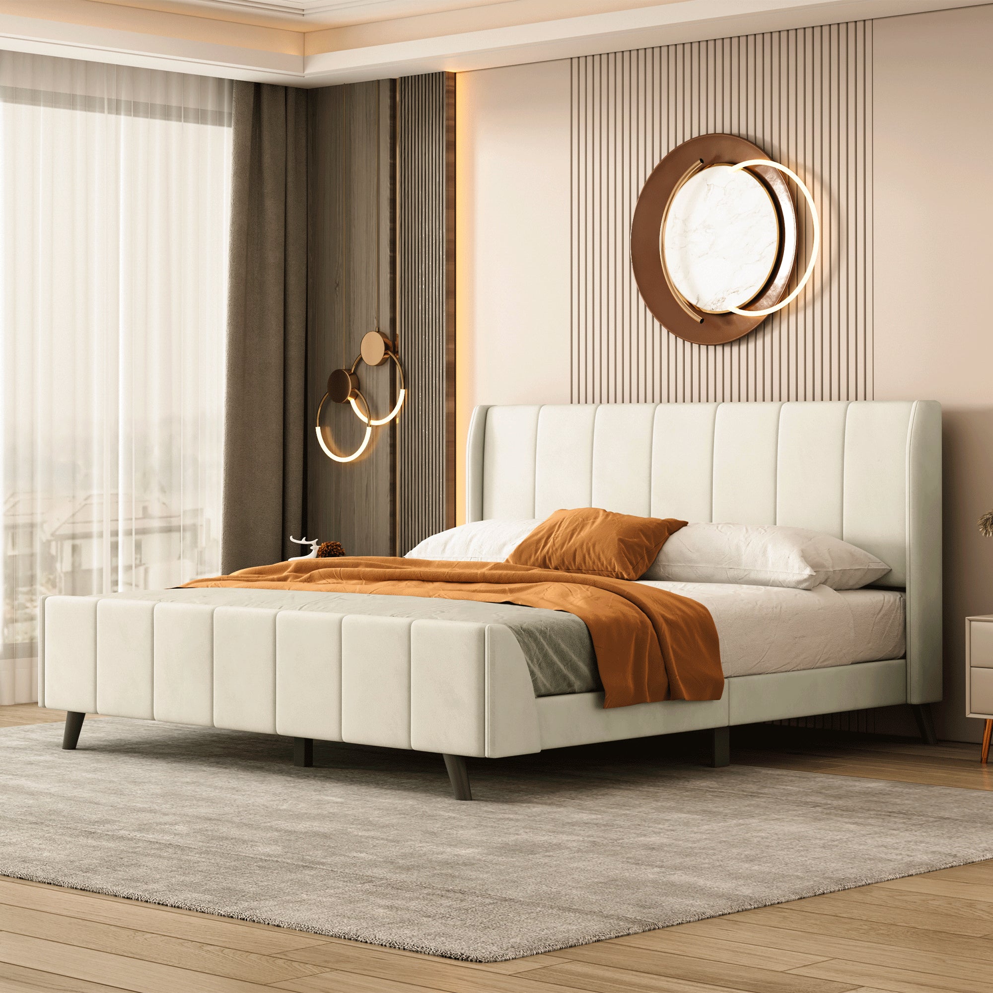 Queen Size Upholstered Platform Bed, Velvet, Beige - Atlantic Fine Furniture Melbourne FL