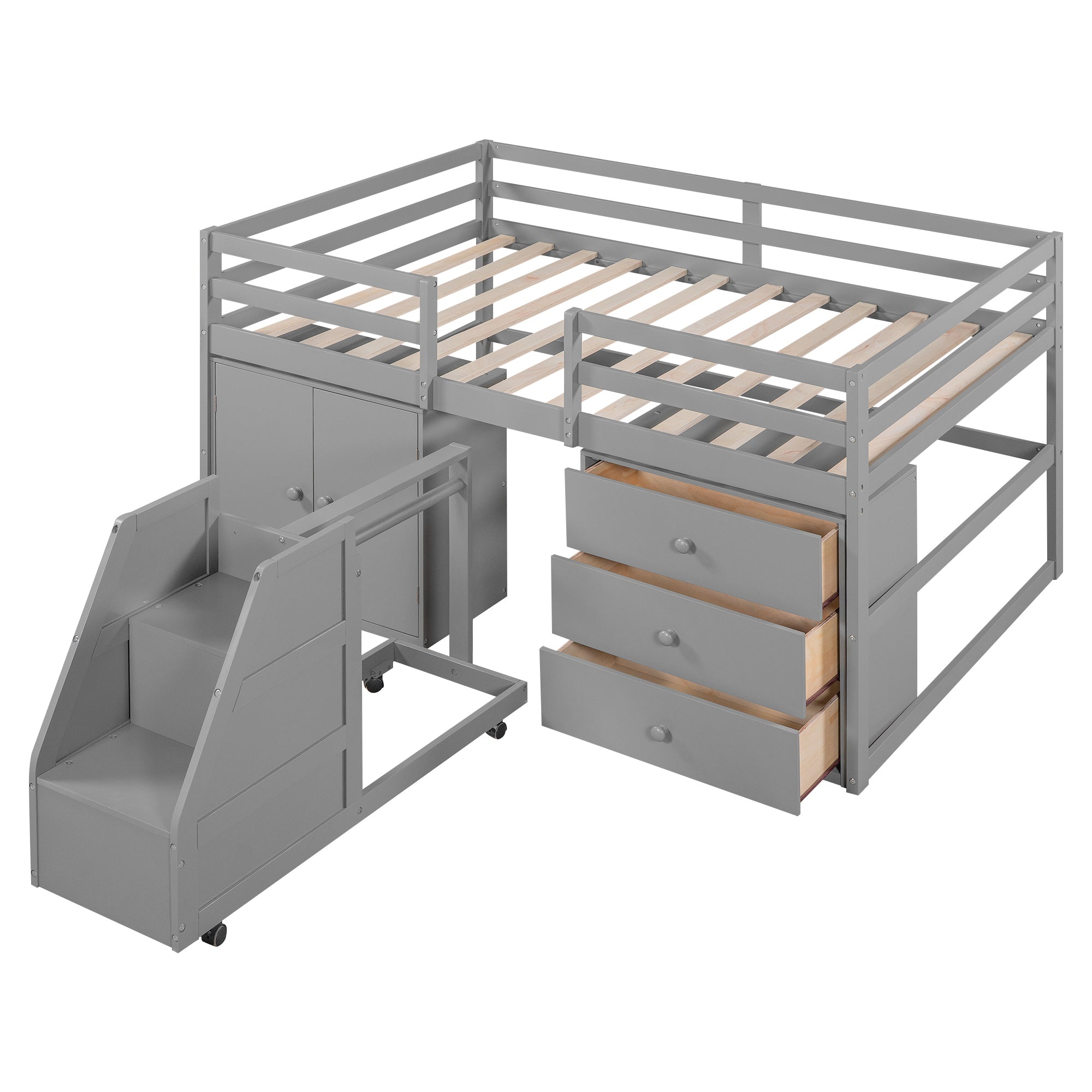 Full Size Functional Loft Bed with Cabinets and Drawers, Hanging Clothes at the back of the Staircase, Gray - Atlantic Fine Furniture Melbourne FL