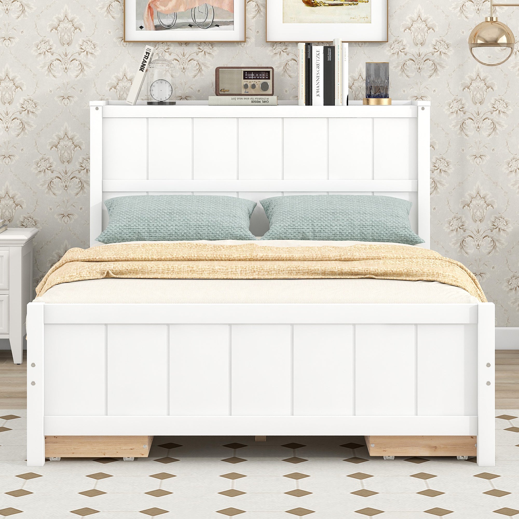 Full Size Platform Bed with Drawers and Storage Shelves, White
