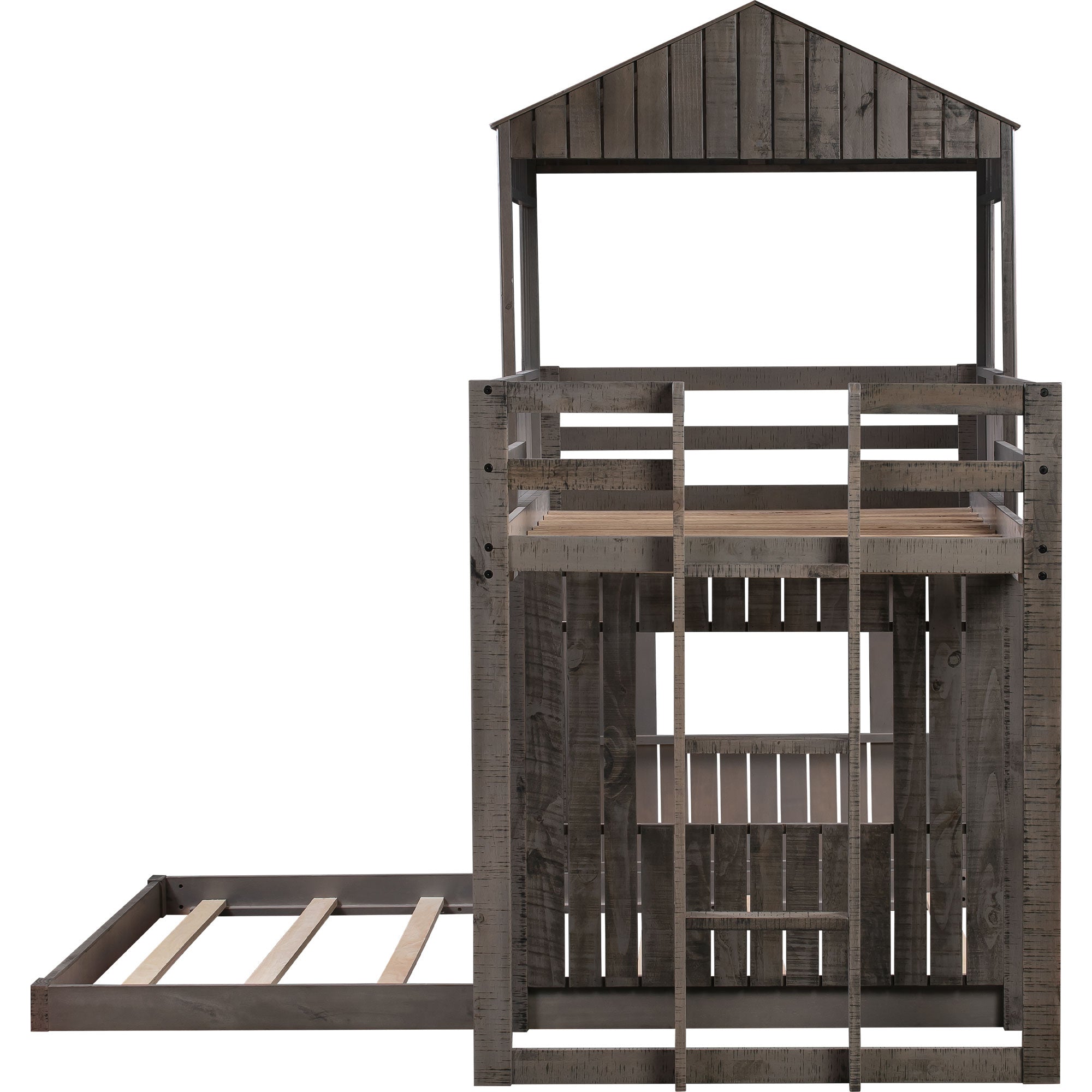 Wooden Twin Over Full Bunk Bed, Loft Bed with Playhouse, Farmhouse, Ladder and Guardrails , Antique Gray( old sku: LT000027AAE ) - Atlantic Fine Furniture Melbourne FL
