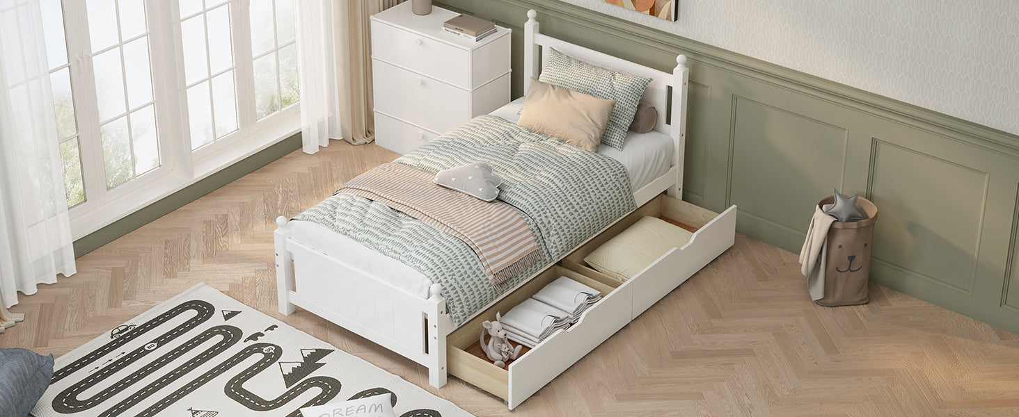 Twin Size Solid Wood Platform Bed Frame with 2 drawers for Limited Space Kids, Teens, Adults, No Need Box Spring, White - Atlantic Fine Furniture Melbourne FL