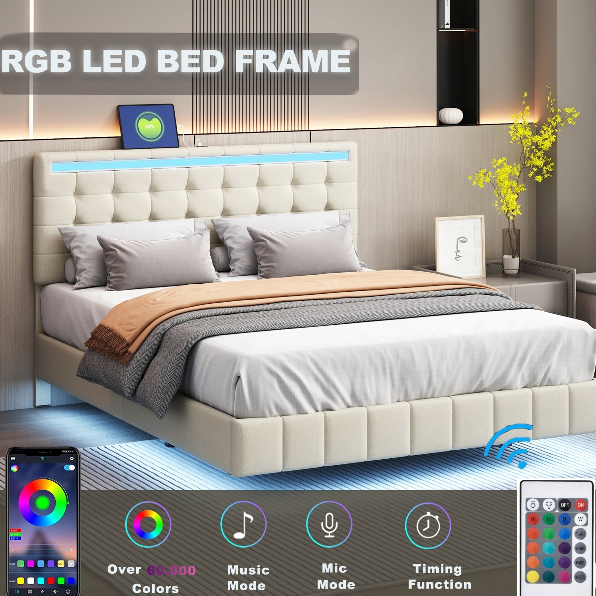Queen Size Floating Bed Frame with LED Lights and USB Charging,Modern Upholstered Platform LED Bed Frame,Beige - Atlantic Fine Furniture Melbourne FL