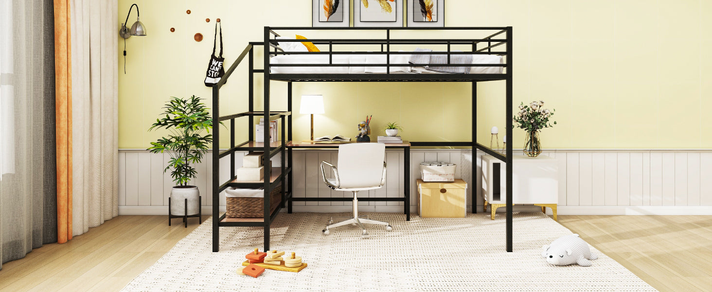 Full Size Metal Loft Bed with Desk and Lateral Storage Ladder, Black - Atlantic Fine Furniture Melbourne FL