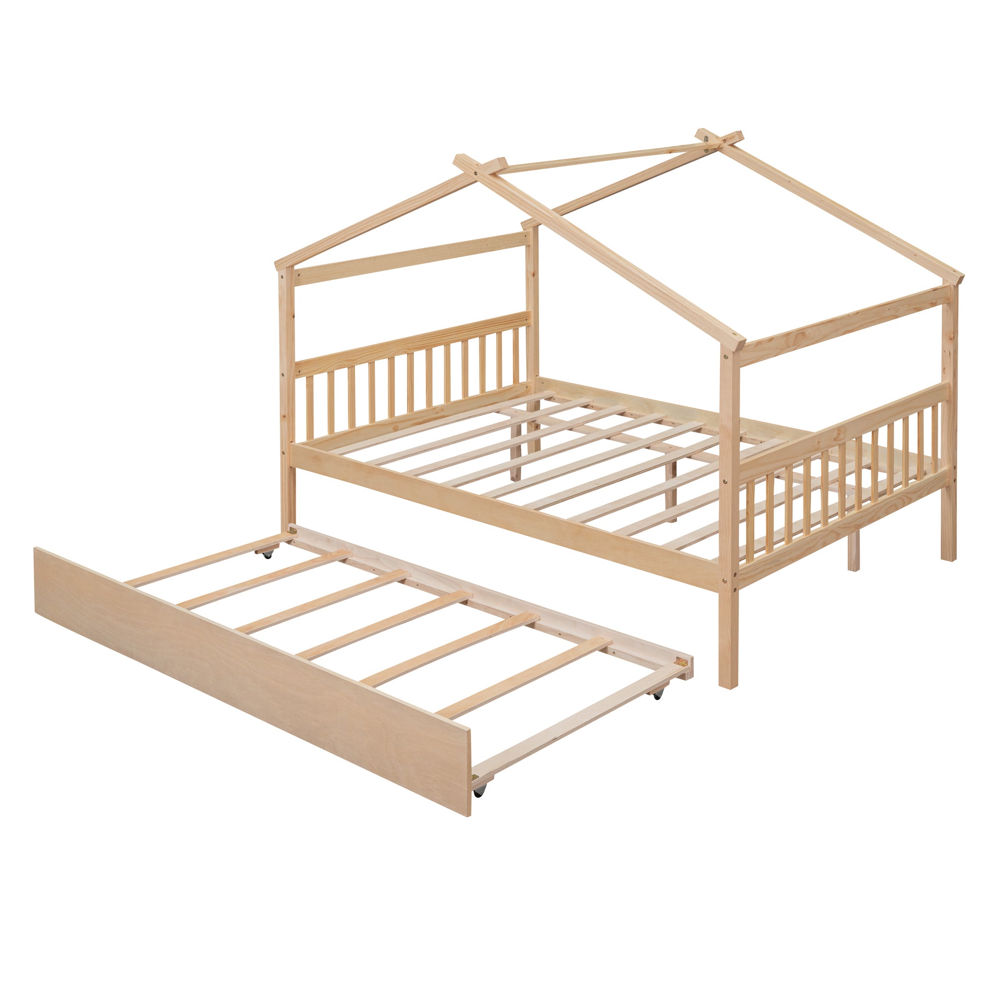 Full Size Wooden House Bed with Twin Size Trundle, Natural - Atlantic Fine Furniture Melbourne FL