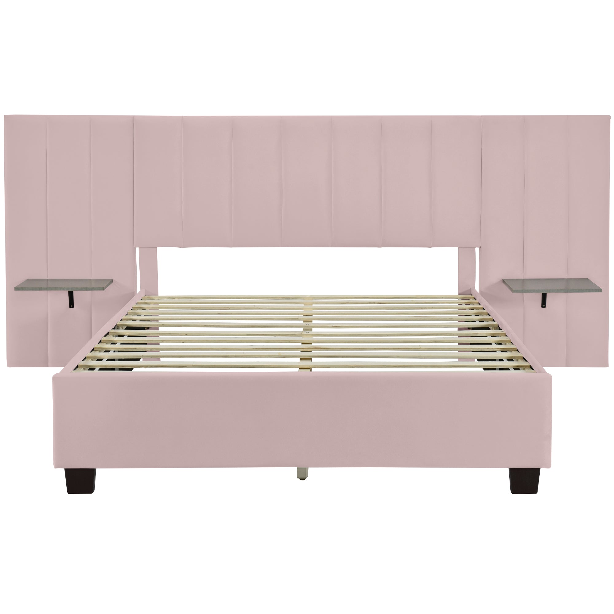 Queen Size Upholstered Platform Bed with Big Headboard, Bedroom Furniture, Velvet, Pink - Atlantic Fine Furniture Melbourne FL