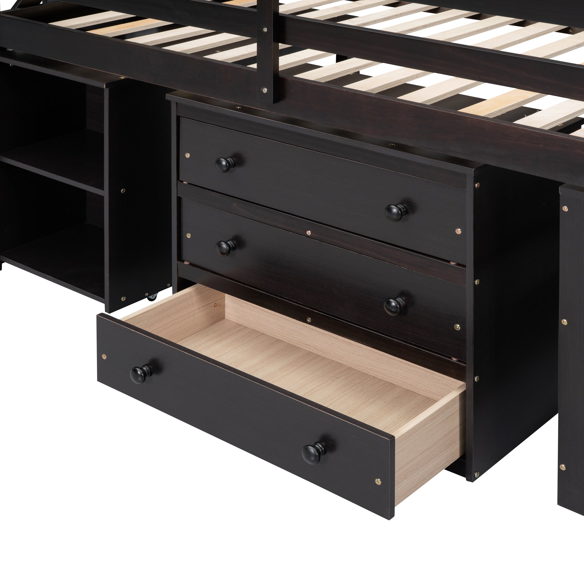 Twin Size Loft Bed with Retractable Writing Desk and 3 Drawers, Wooden Loft Bed with Storage Stairs and Shelves, Espresso - Atlantic Fine Furniture Melbourne FL