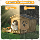 Wooden Dog House Outdoor With Porch, Dog Kennel With Water Resistant Asphalt Roof And Fencing, Indoor & Outdoor Dog Crate With Paw Print, Medium - Nature