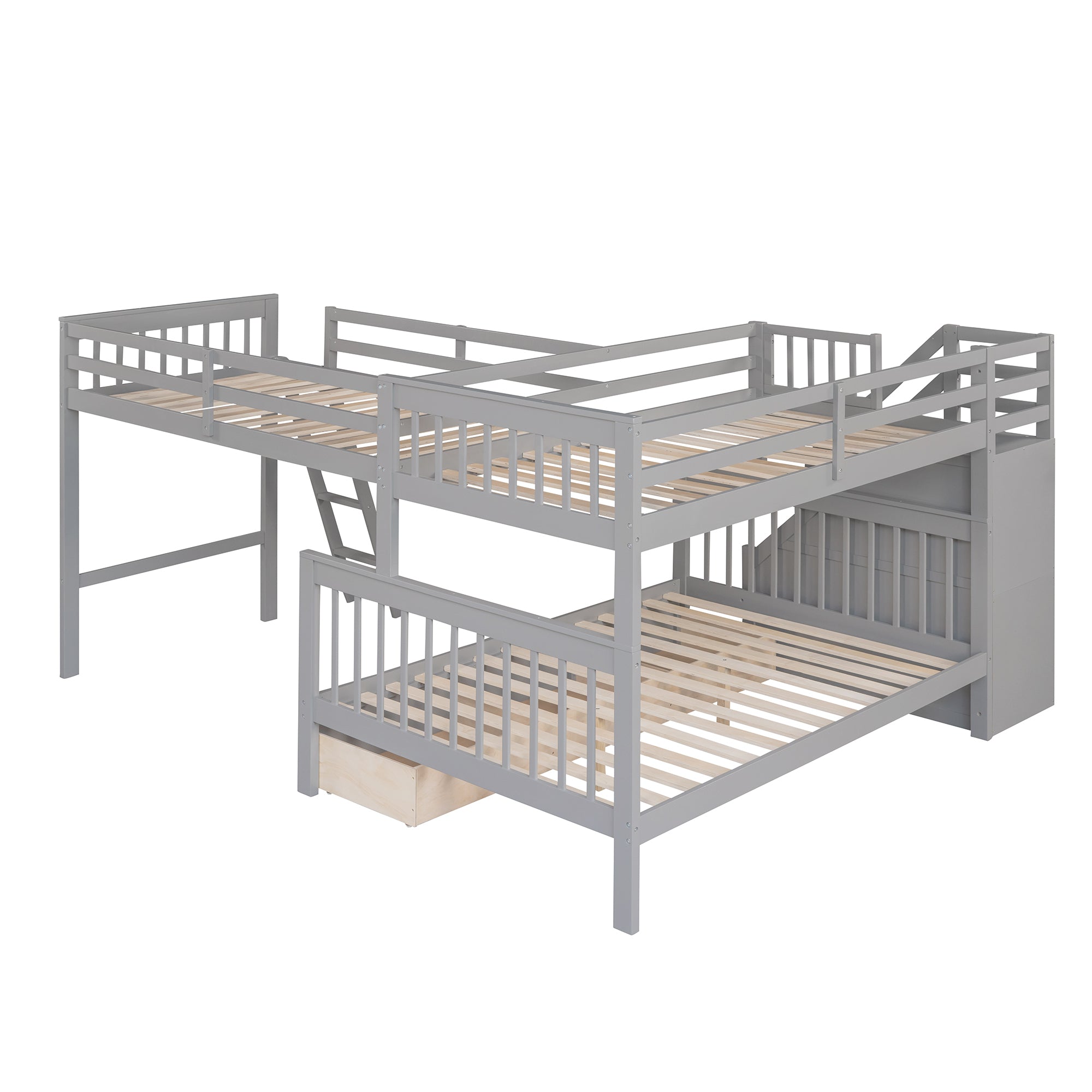 Twin over Full L-Shaped Bunk Bed With 3 Drawers, Ladder and Staircase - Gray - Atlantic Fine Furniture Melbourne FL