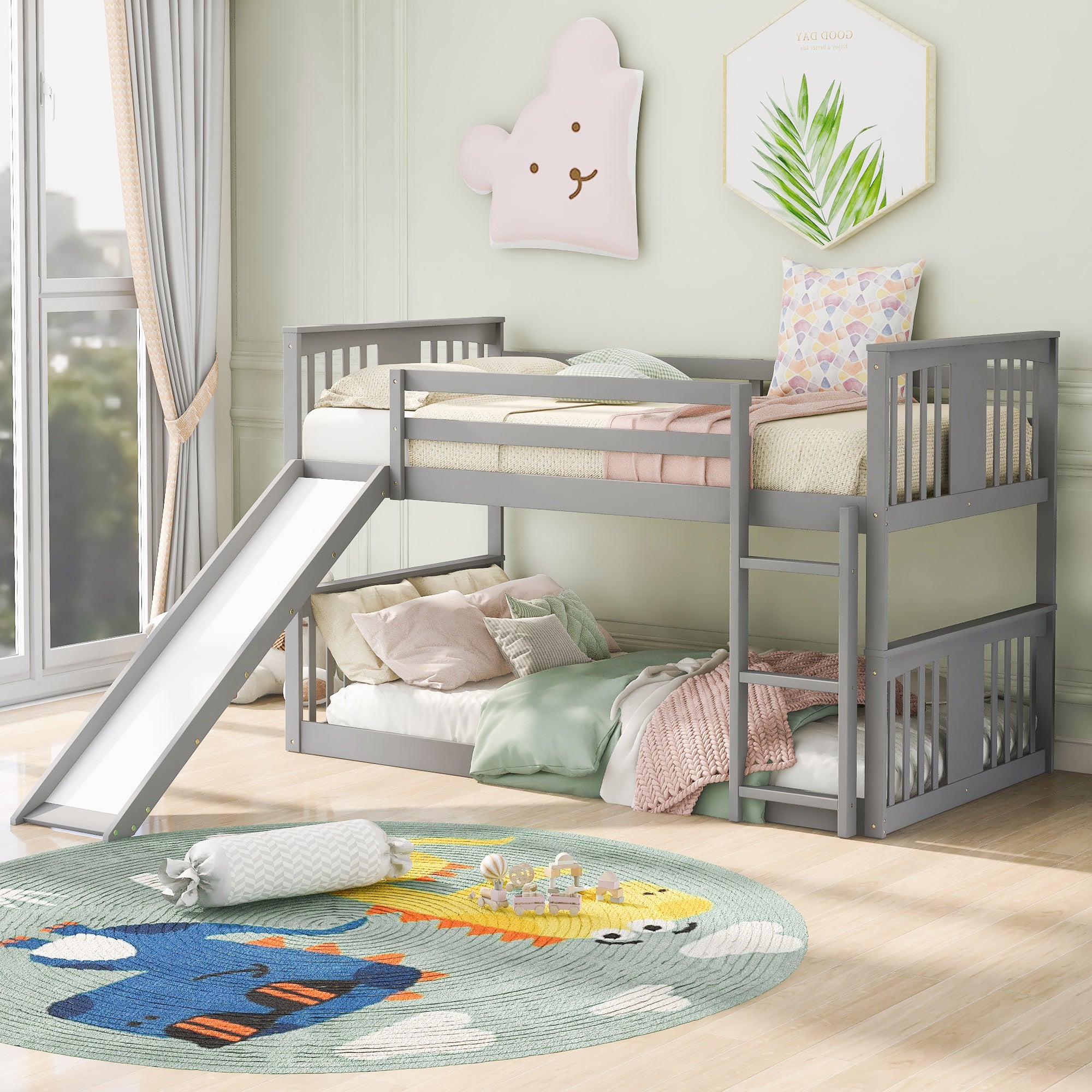 Twin Over Twin Bunk Bed with Slide and Ladder, Gray (Old SKU:LP000108AAE)