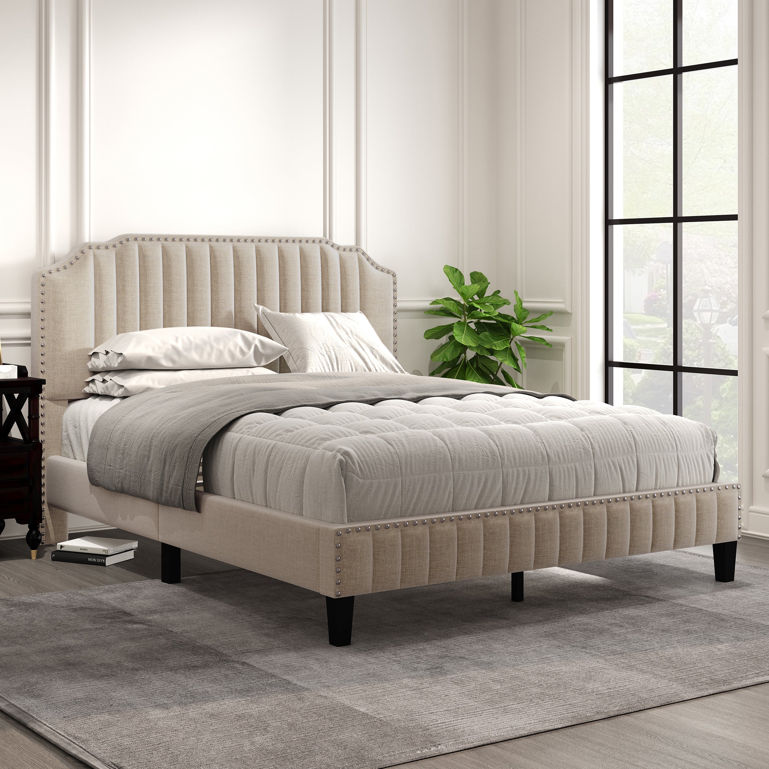Modern Linen Curved Upholstered Platform Bed , Solid Wood Frame , Nailhead Trim, Beige (Queen) - Atlantic Fine Furniture Melbourne FL