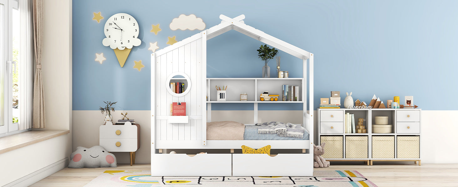 Wooden Twin Size House Bed with 2 Drawers,Kids Bed with Storage Shelf, White - Atlantic Fine Furniture Melbourne FL