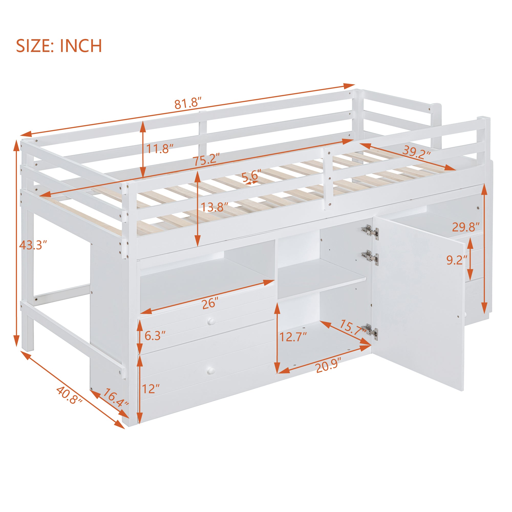 Twin Size Loft Bed with 4 Drawers, Underneath Cabinet and Shelves, White - Atlantic Fine Furniture Melbourne FL
