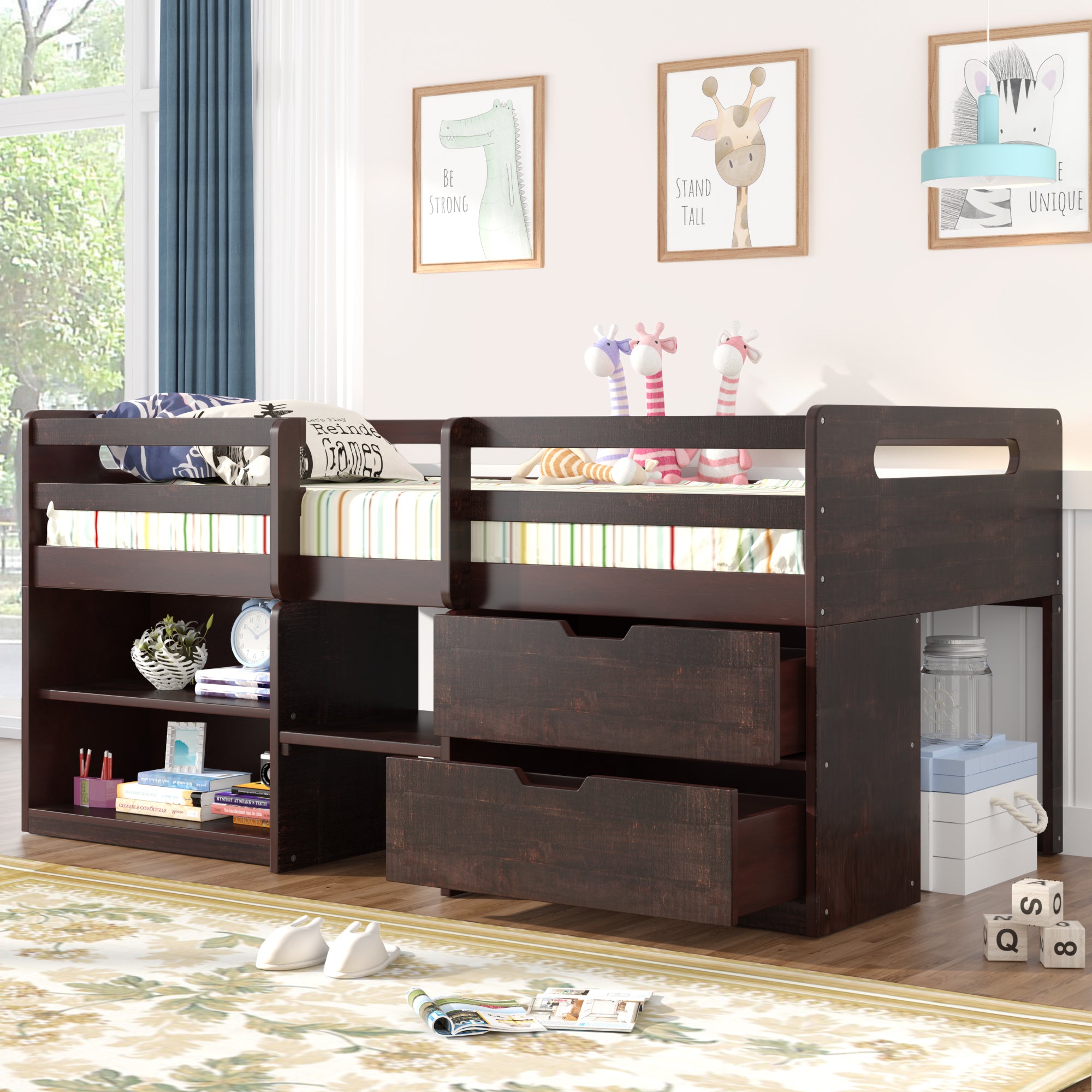 Twin size Loft Bed with Two Shelves and Two drawers (Antique Espresso) - Atlantic Fine Furniture Melbourne FL