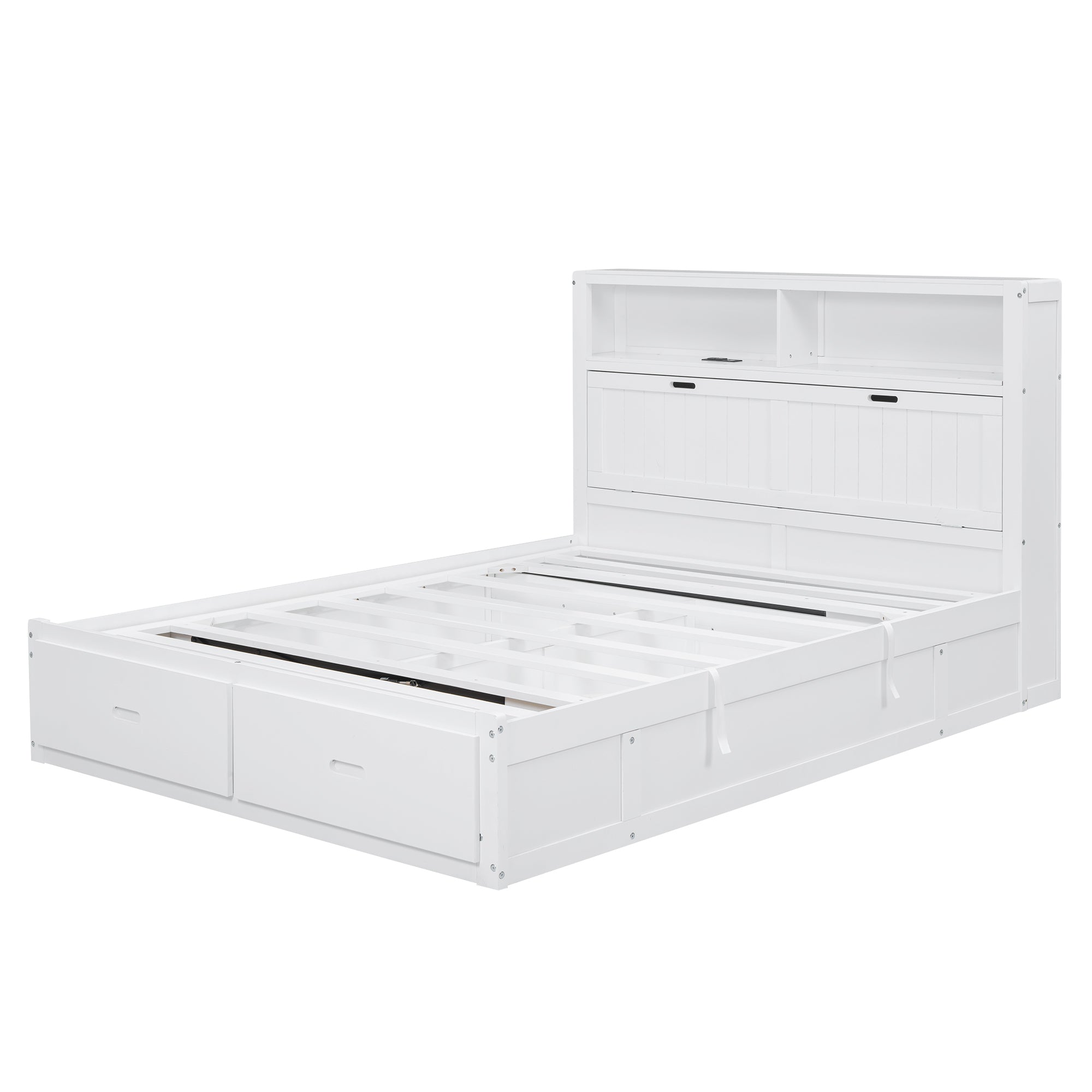 Wood Queen Size Hydraulic Platform Bed with Storage LED Headboard, Charging Station and 2 Drawers, White - Atlantic Fine Furniture Melbourne FL