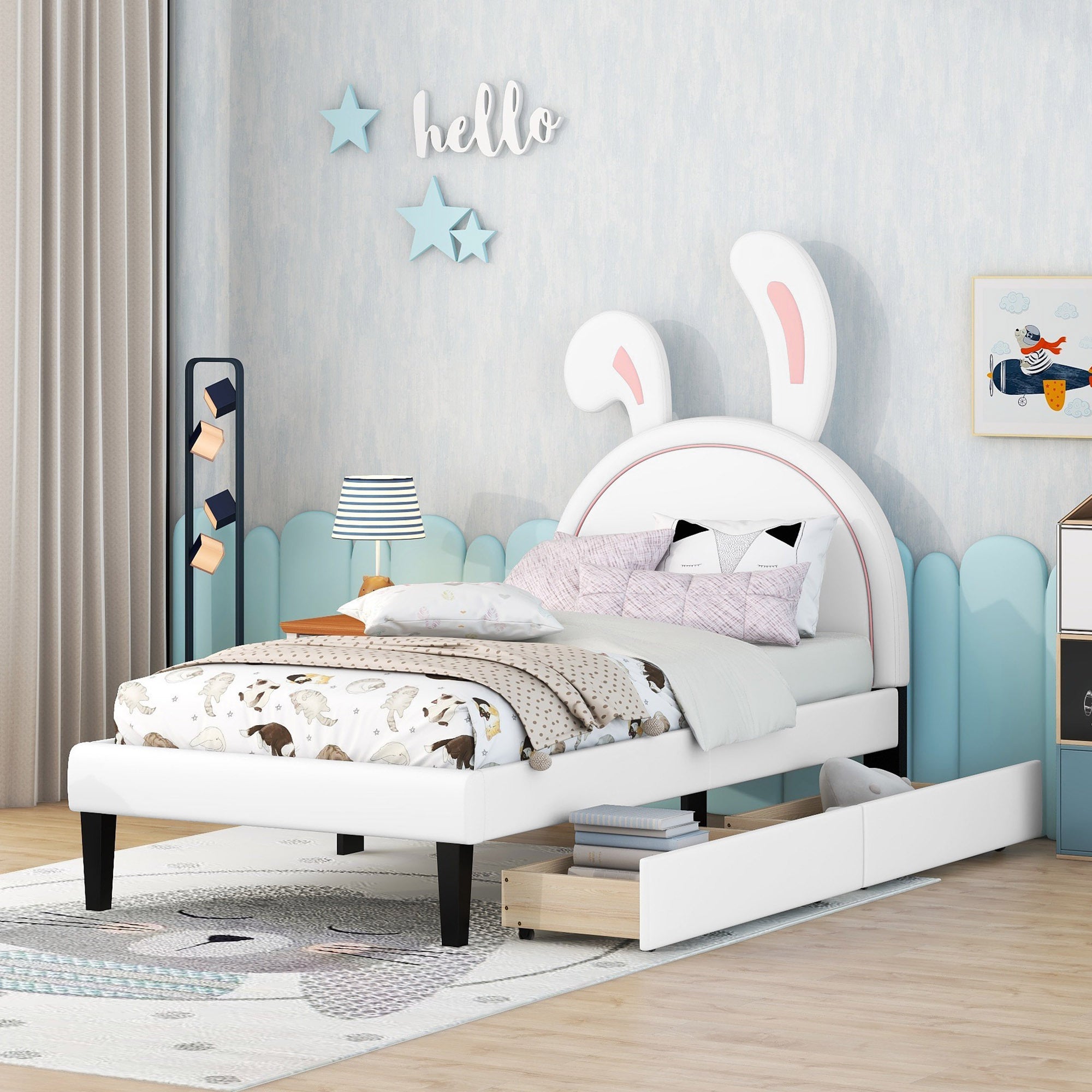 Twin Size Upholstered Leather Platform Bed with Rabbit Ornament and 2 Drawers, White - Atlantic Fine Furniture Melbourne FL