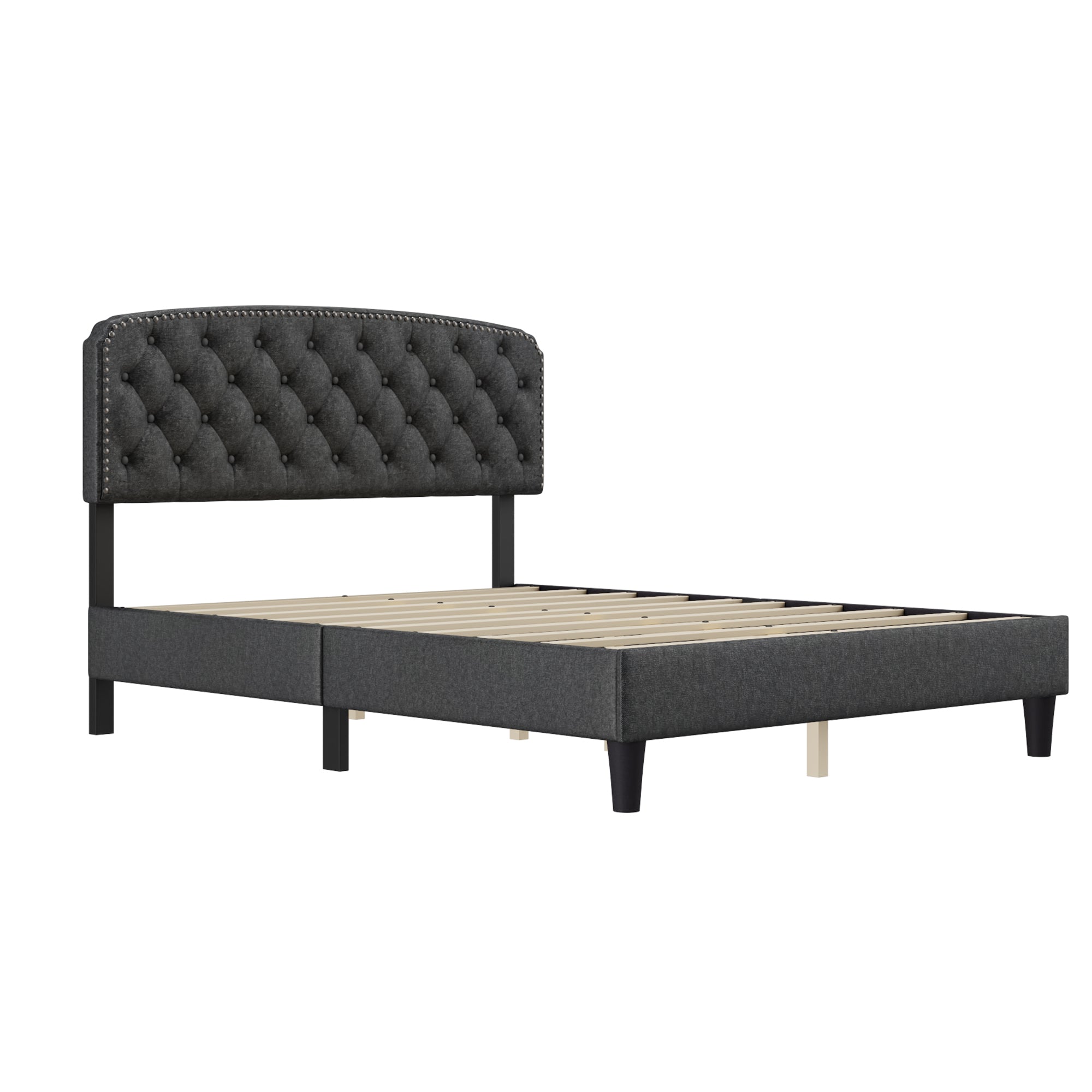 Queen size Adjustable Headboard with Fine Linen Upholstery and Button Tufting for Bedroom, Wave Top Dark Grey