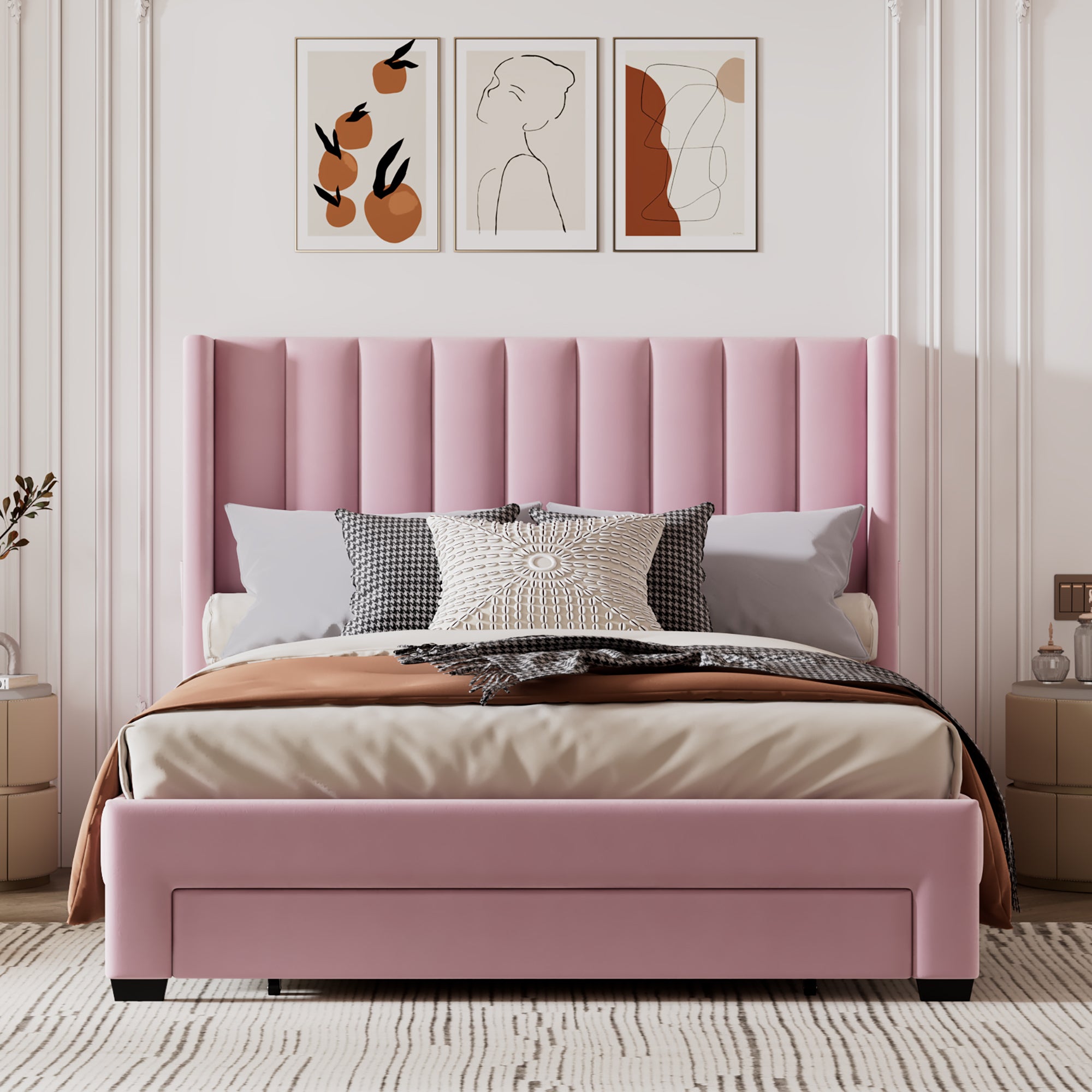 Queen Size Storage Bed Velvet Upholstered Platform Bed with a Big Drawer - Pink - Atlantic Fine Furniture Melbourne FL