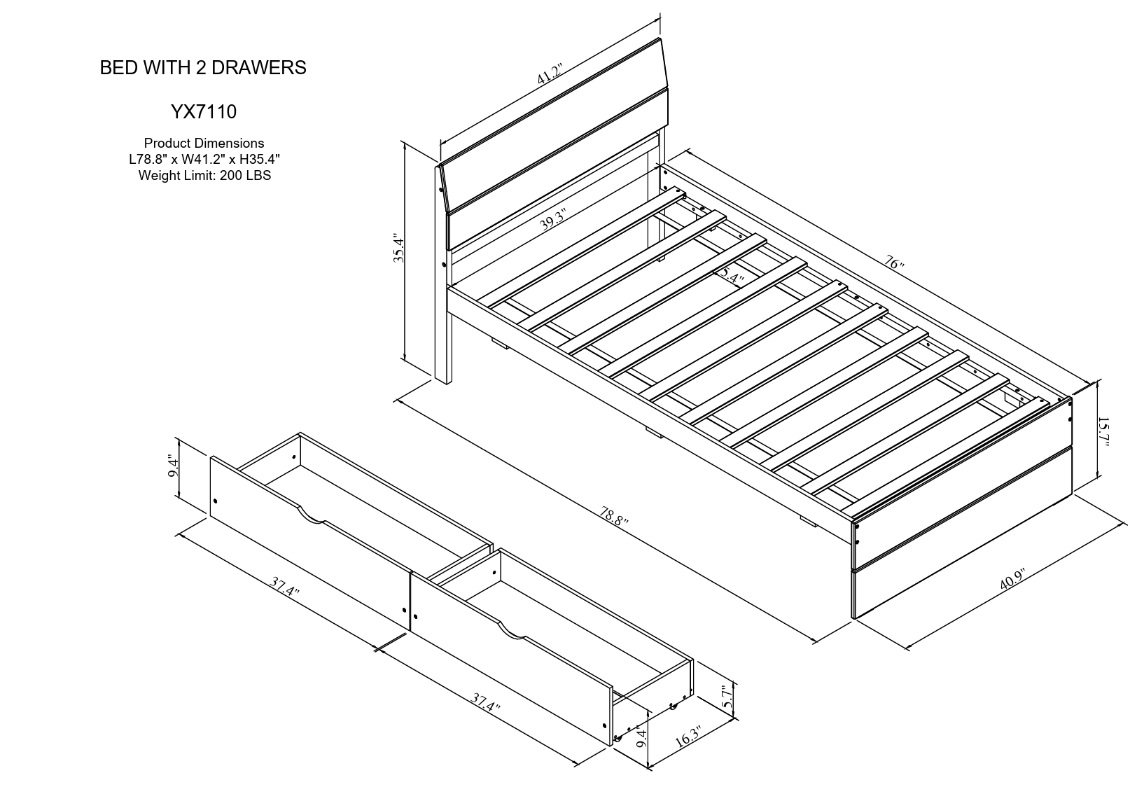 Modern Twin Bed Frame With 2 Drawers For White High Gloss Headboard and Footboard With Washed White Color