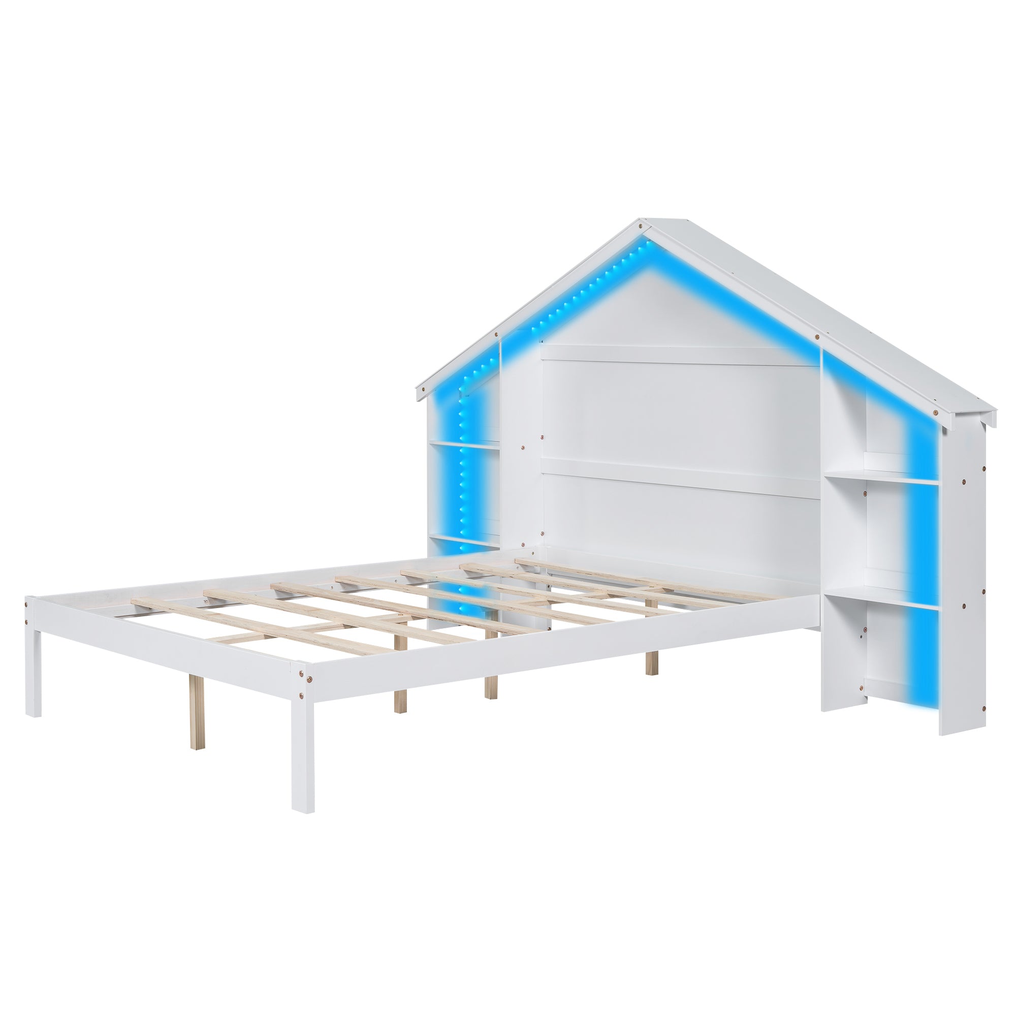 Wood Full Size Platform Bed with House-shaped Storage Headboard and Built-in LED, White - Atlantic Fine Furniture Melbourne FL
