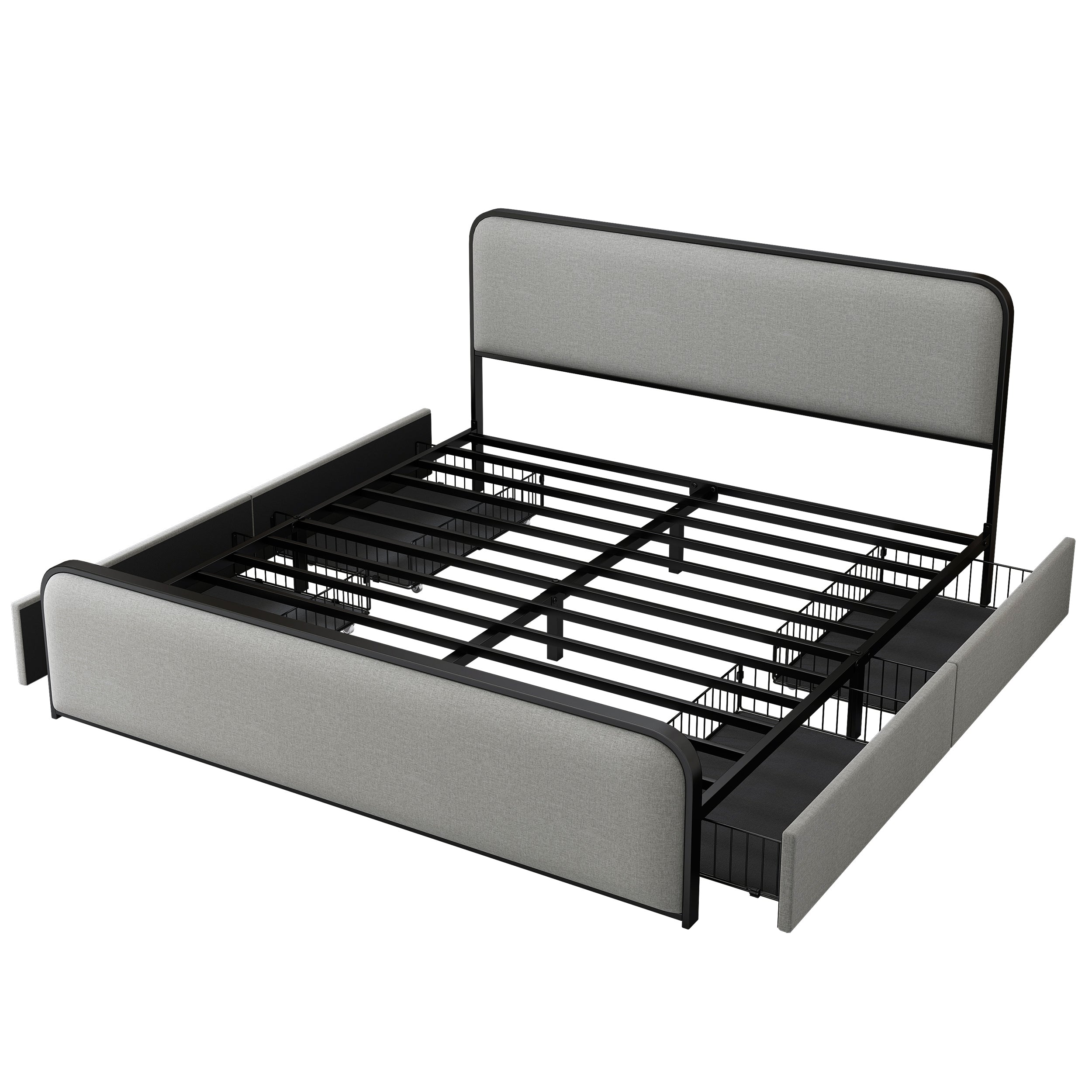 Modern Metal Bed Frame with Curved Upholstered Headboard and Footboard Bed with 4 Storage Drawers, Heavy Duty Metal Slats, King Size, Grey - Atlantic Fine Furniture Melbourne FL