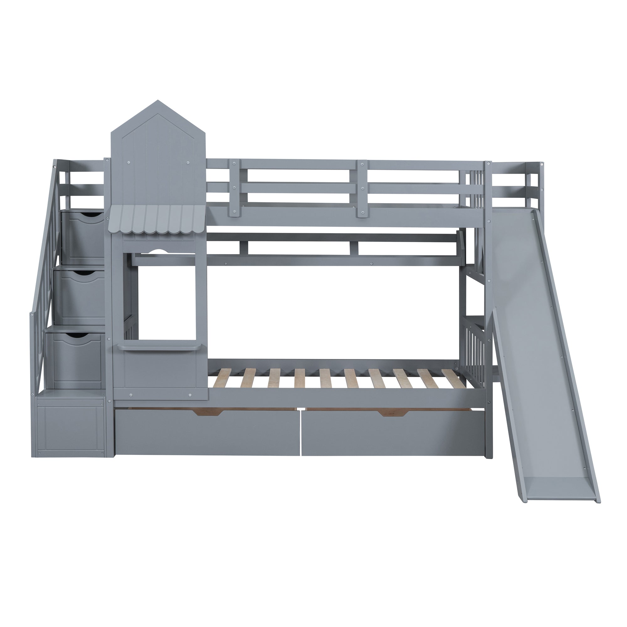 Twin-Over-Twin Castle Style Bunk Bed with 2 Drawers 3 Shelves and Slide - Gray - Atlantic Fine Furniture Melbourne FL