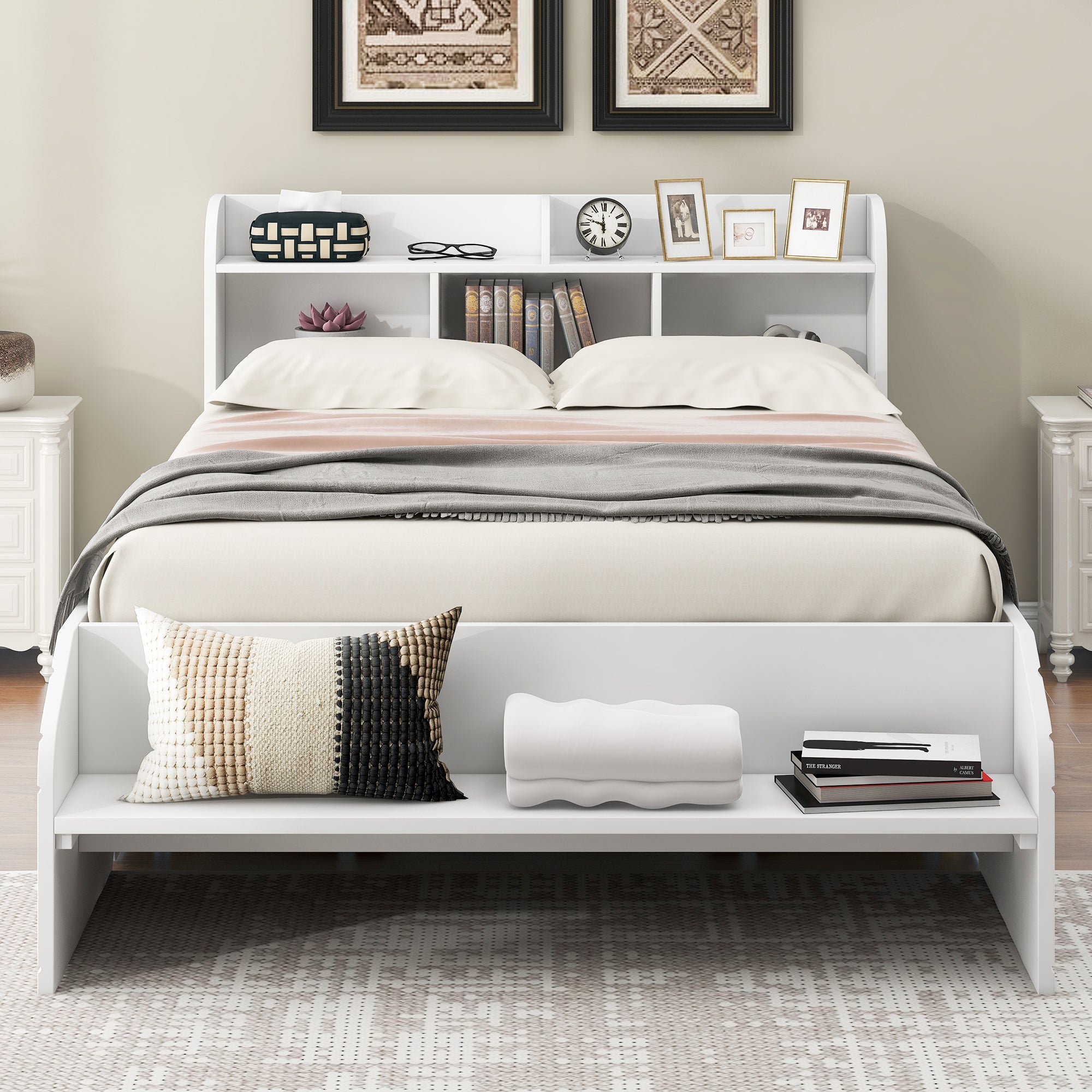Wood Full Size Platform Bed with 2 Drawers, Storage Headboard and Footboard, White - Atlantic Fine Furniture Melbourne FL