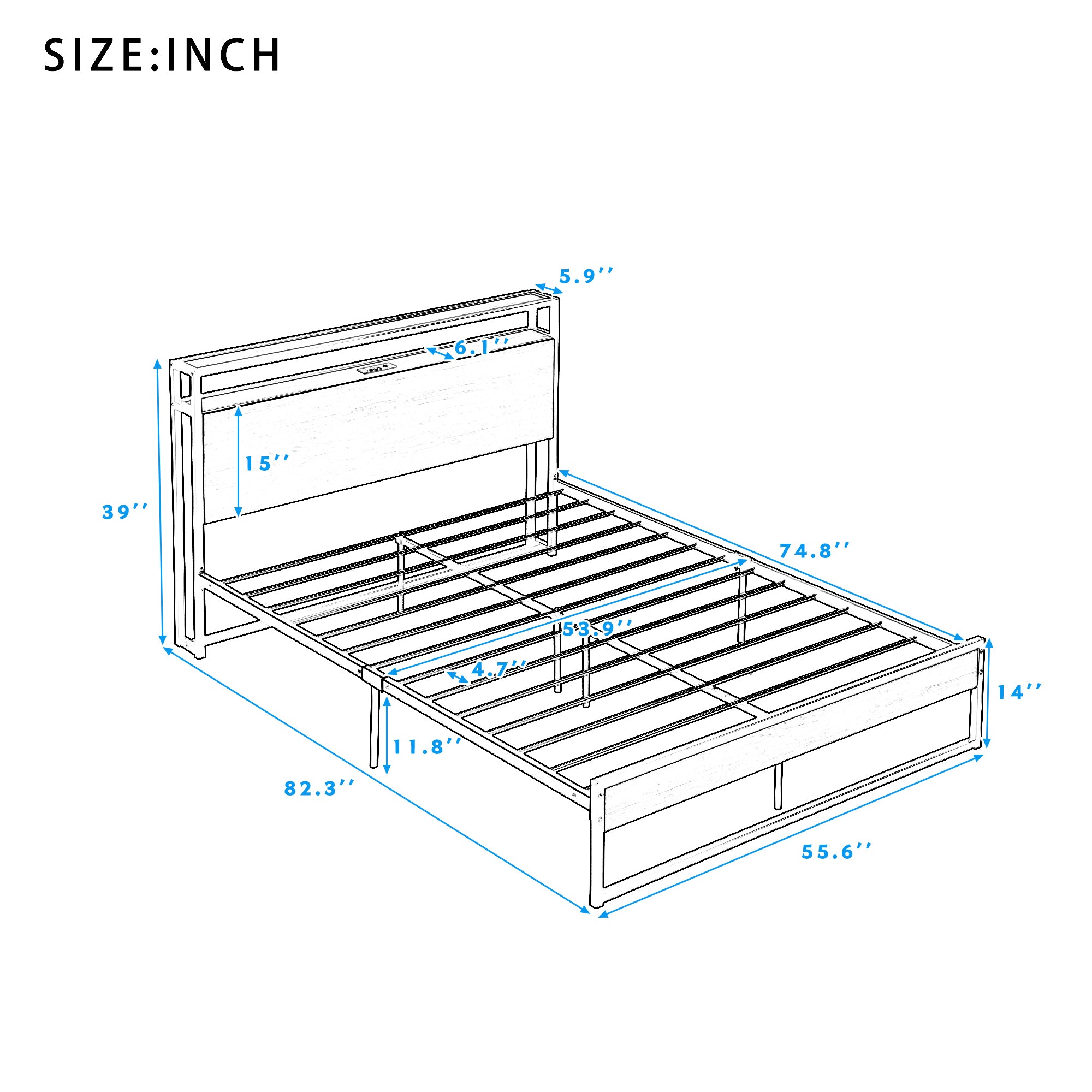 Full Size Metal Platform Bed Frame with Sockets, USB Ports and Slat Support ,No Box Spring Needed White