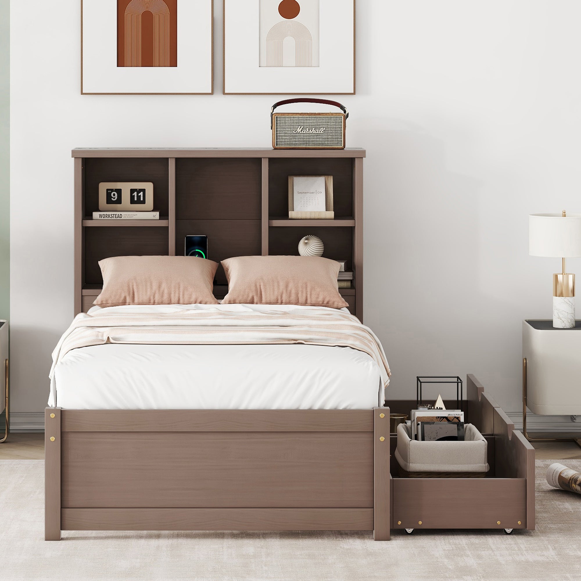 Modern Twin Size Bed Frame With Built-in USB Port on Bookcase Headboard and 2 Drawers for Walnut Color - Atlantic Fine Furniture Melbourne FL