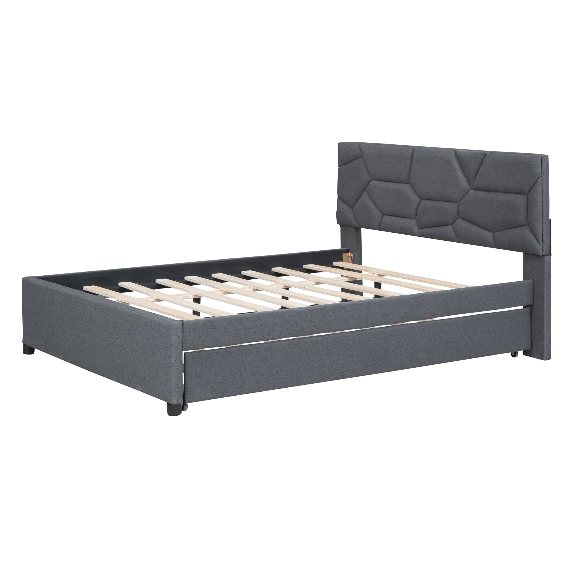 Full Size Upholstered Platform Bed with Brick Pattern Headboard and Twin Size Trundle, Linen Fabric, Gray - Atlantic Fine Furniture Melbourne FL