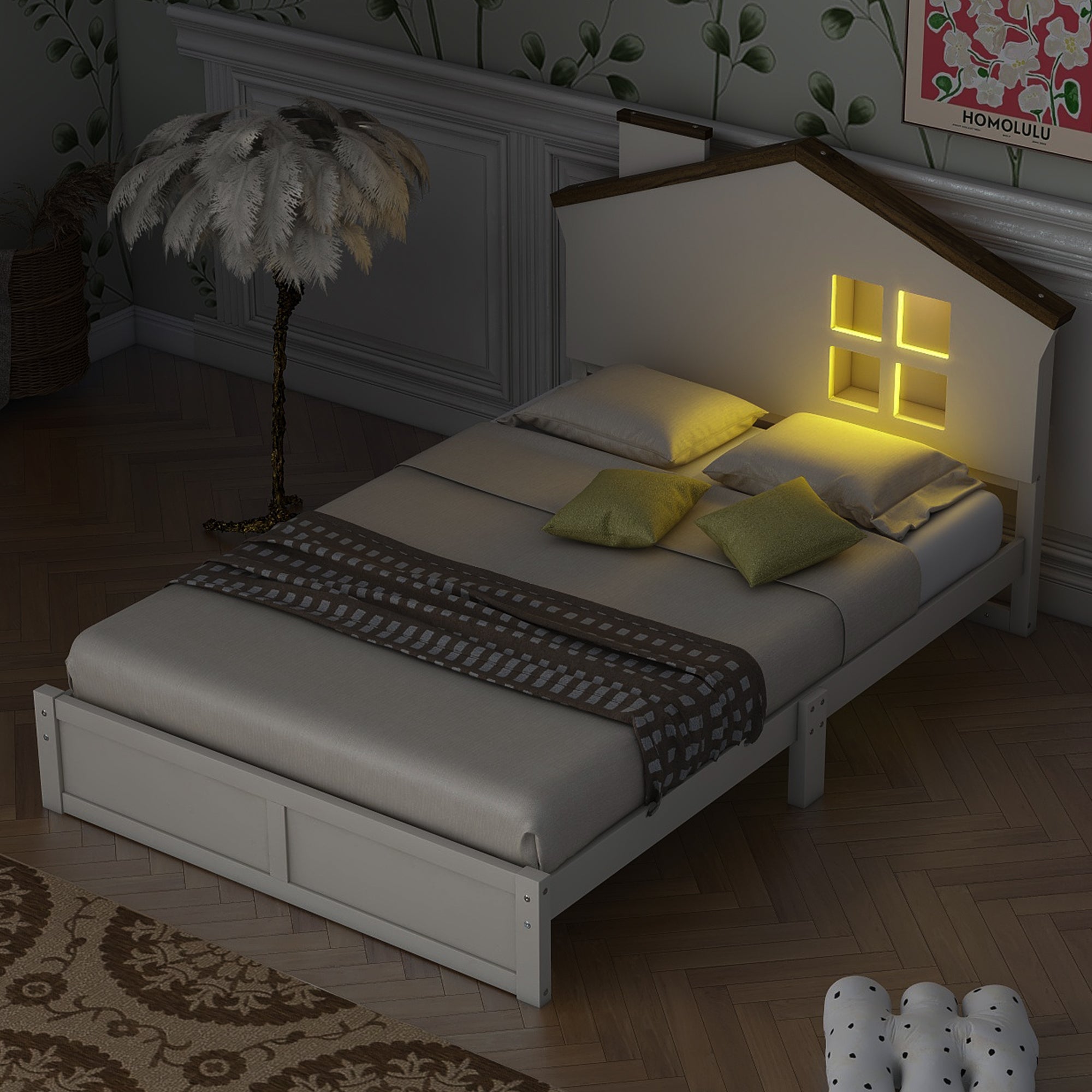 Twin Size Wood Platform Bed with House-shaped Headboard and Built-in LED, Walnut+Milk White - Atlantic Fine Furniture Melbourne FL