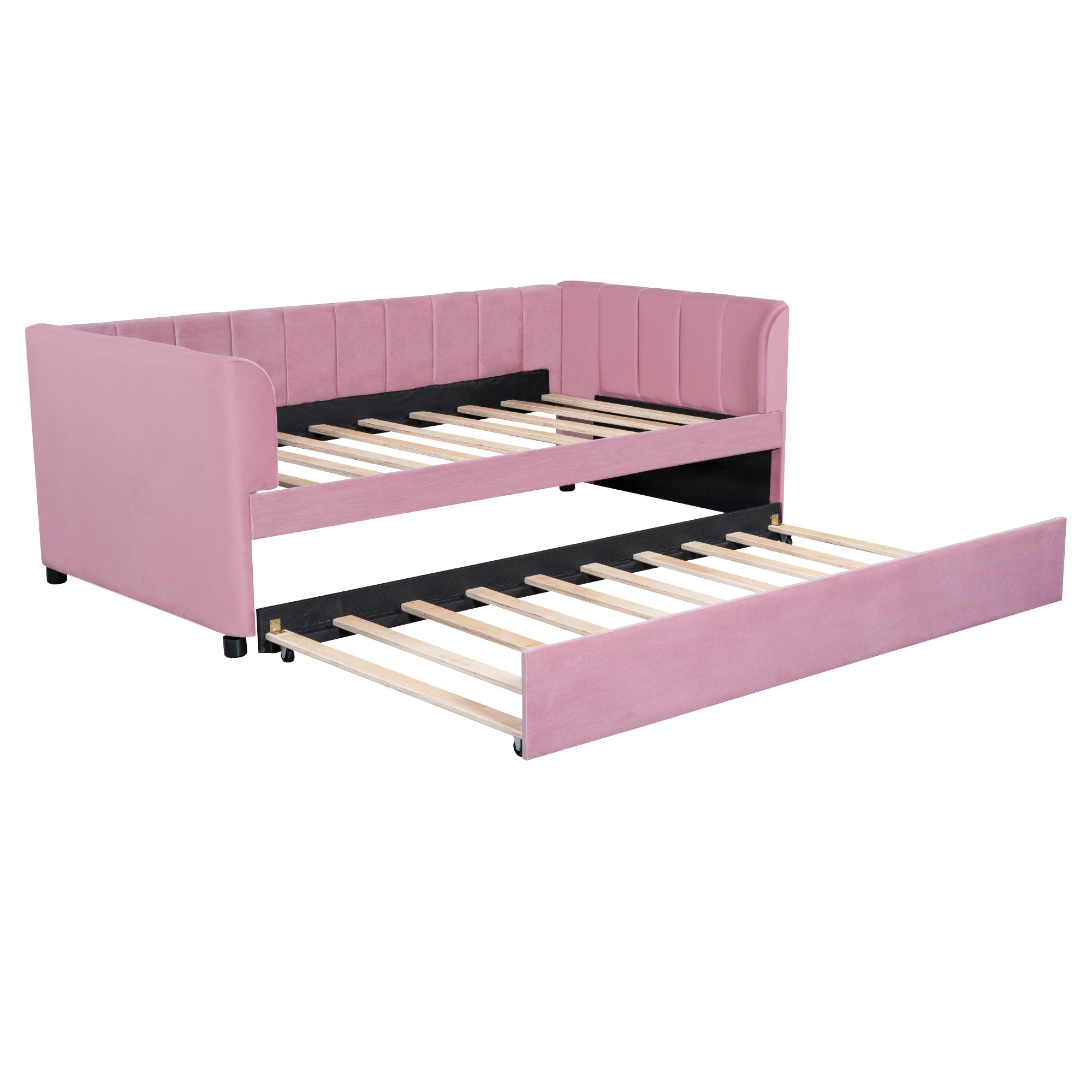 Twin Size Upholstered Daybed with Ergonomic Design Backrest and Trundle, Pink - Atlantic Fine Furniture Melbourne FL