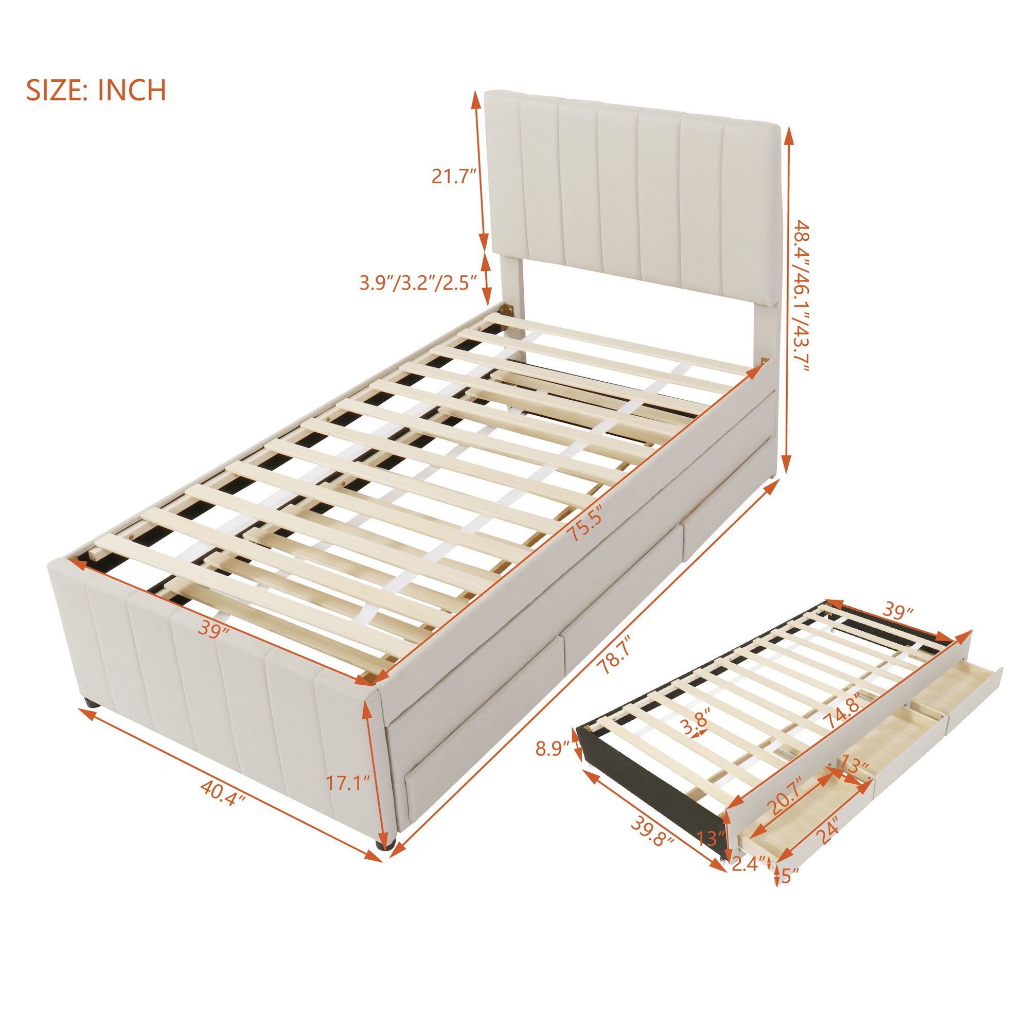Twin Size Upholstered Platform Bed with Trundle and 3 Drawers, Linen Fabric, Beige - Atlantic Fine Furniture Melbourne FL