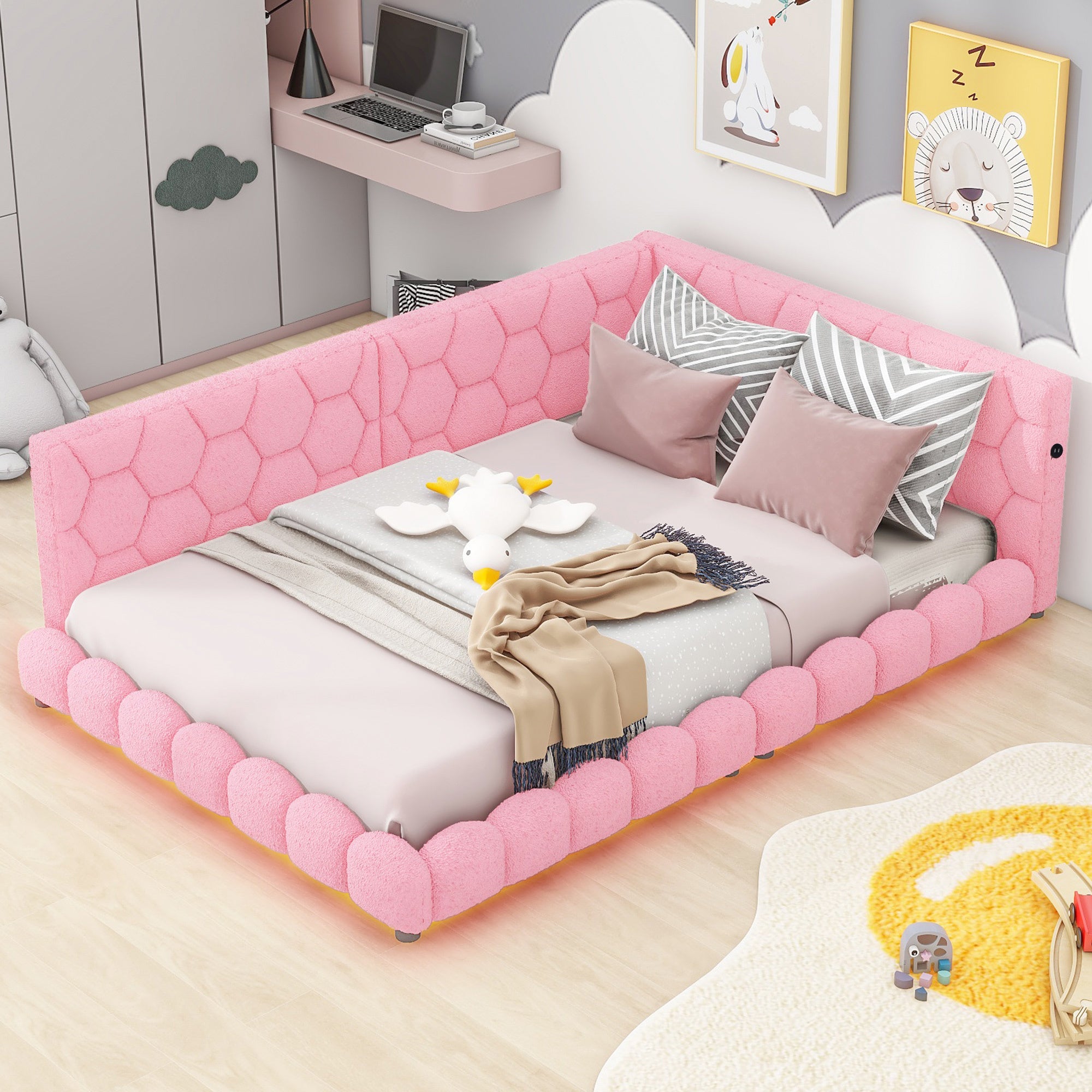 Upholstered Full Size platform bed with USB Ports and LED belt, Pink - Atlantic Fine Furniture Melbourne FL