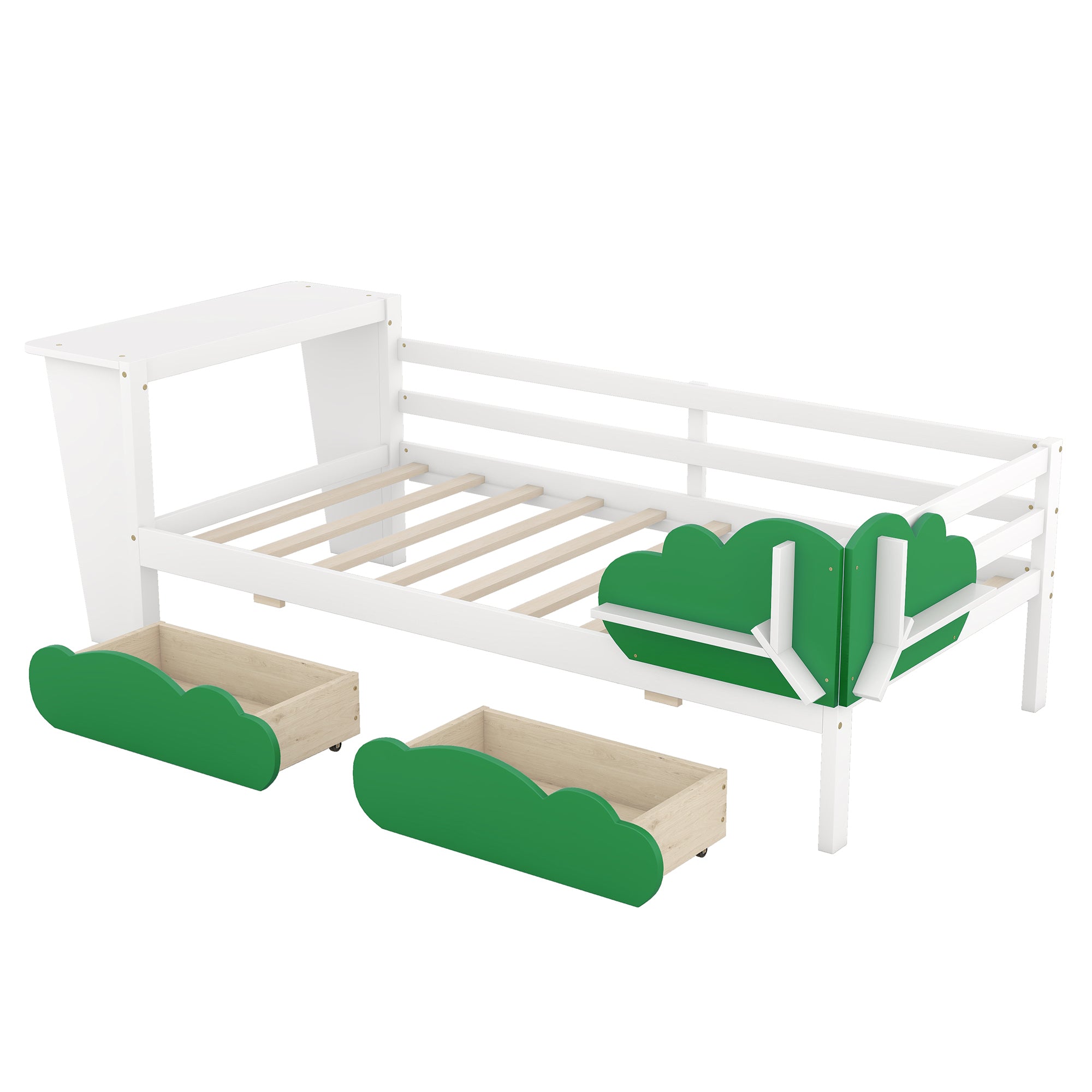 Twin Size Daybed with Desk, Green Leaf Shape Drawers and Shelves, White - Atlantic Fine Furniture Melbourne FL